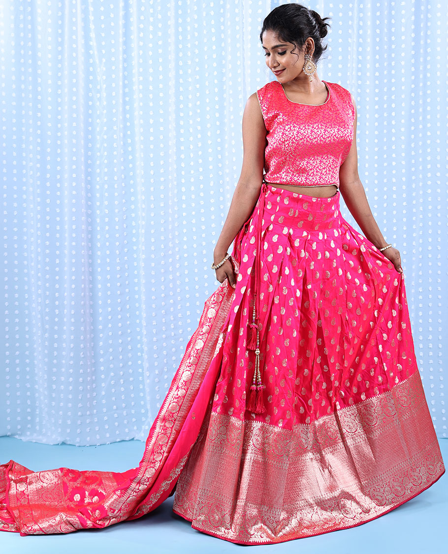 TheShoppothys Fuschia banarasi readymade lehenga, floral jaal crop top, paisley motifs & intricate jacquard skirt & banarasi dupatta - view 2
