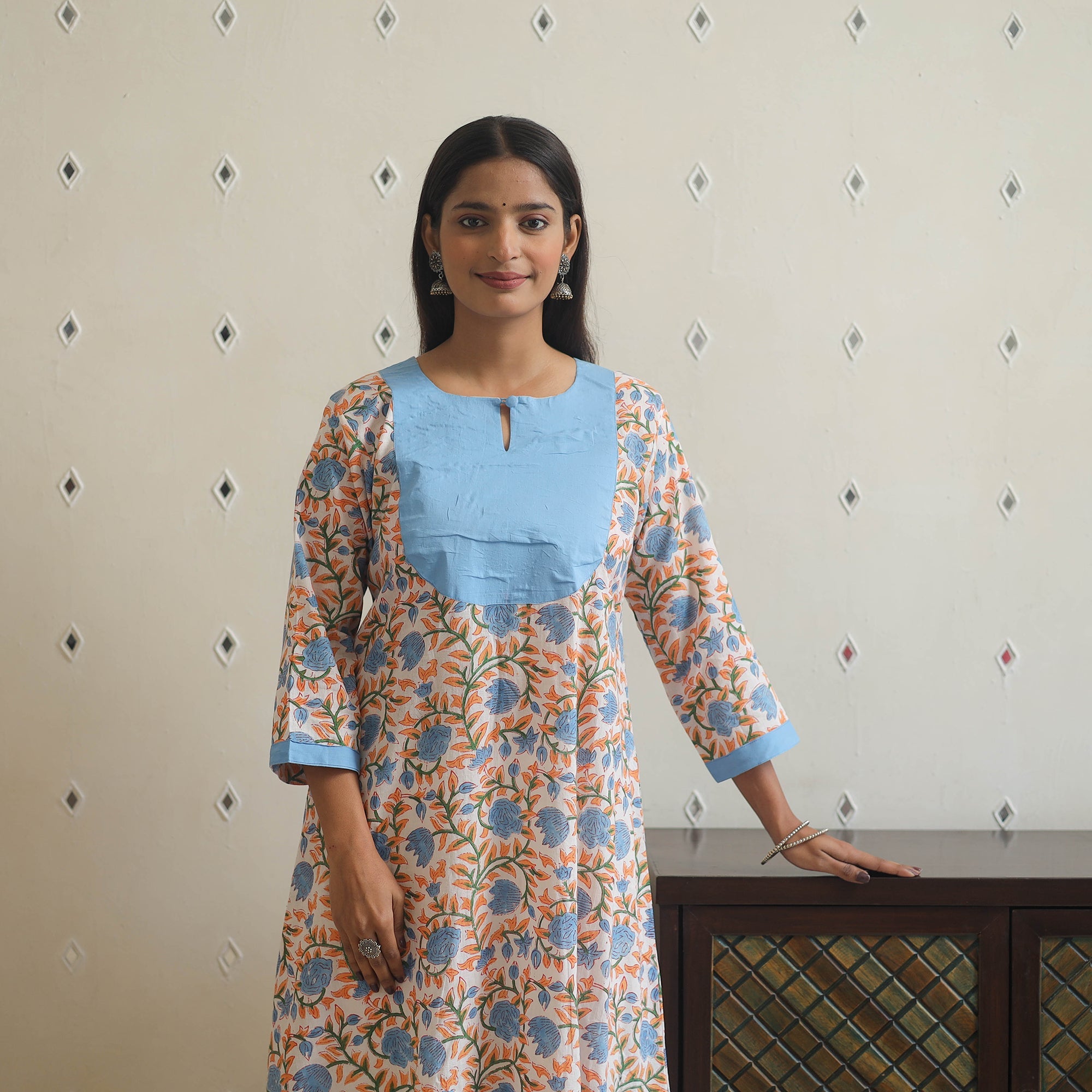 ITOKRI CASUALS Blue - Block Print Cotton Patchwork A-Line Sanganeri Kurta 09