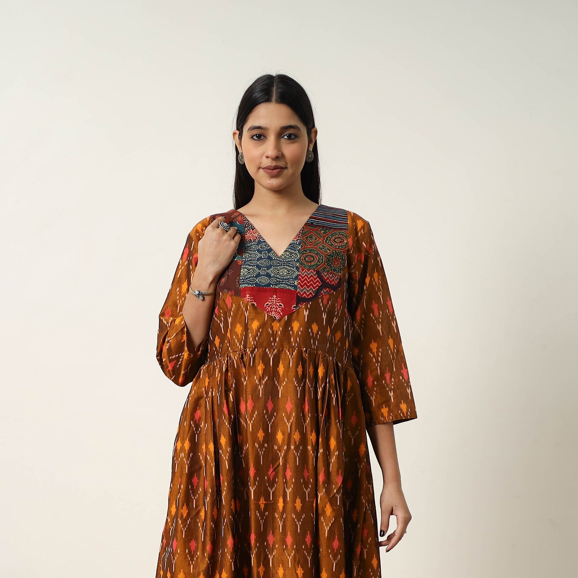 ITOKRI CASUALS Brown - Mercerized Cotton Flared Pochampally Ikat Dress 04