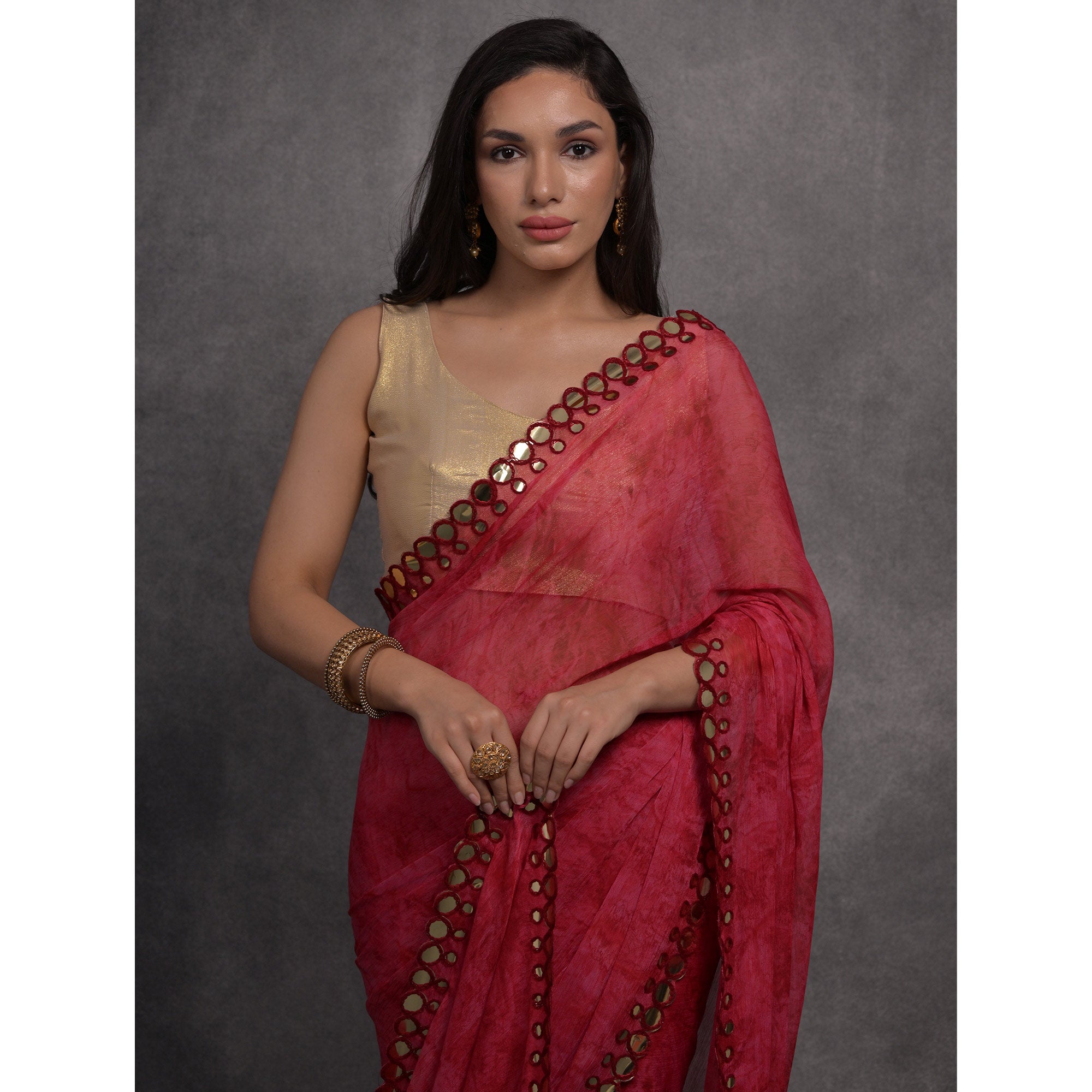 Peachmode Maroon Printed With Mirror Work Georgette Saree - view 6