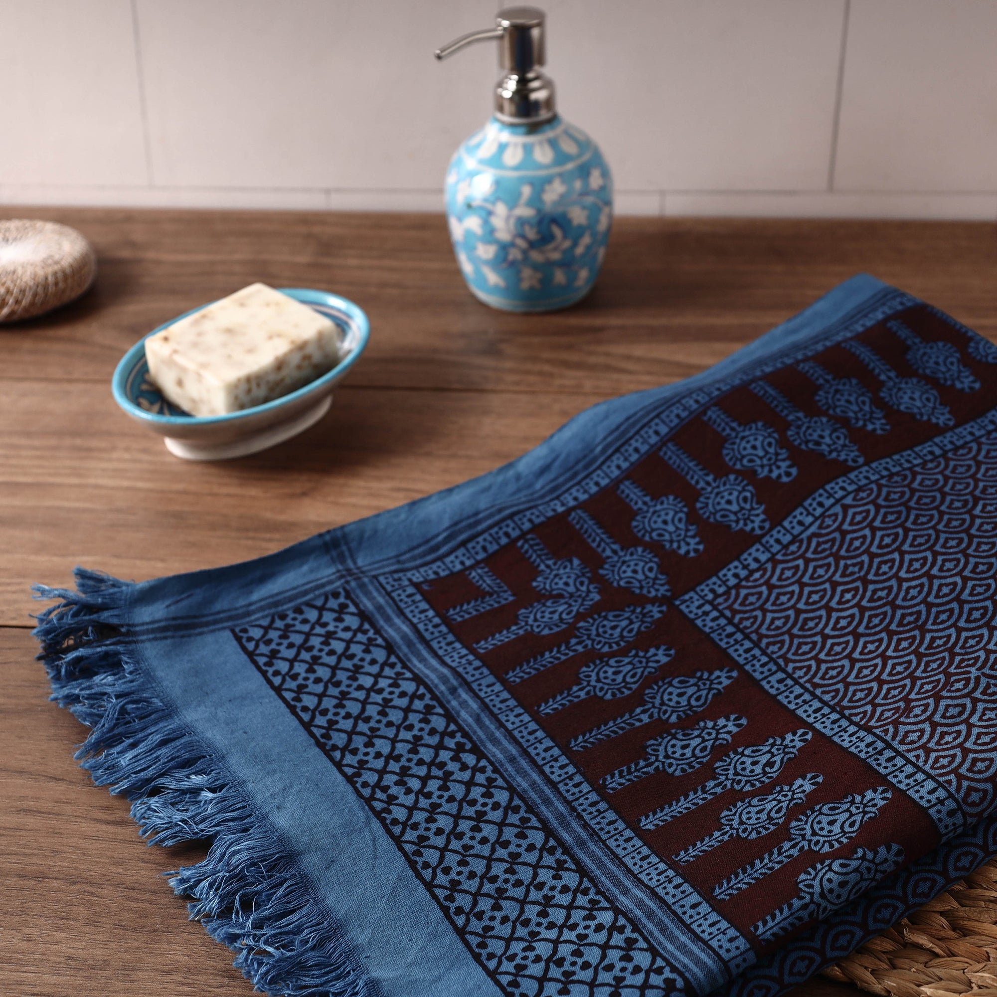 BAGH PRINTS BY UMAR FARUK KHATRI Blue - Bagh Hand Block Printed Handloom Cotton Towel