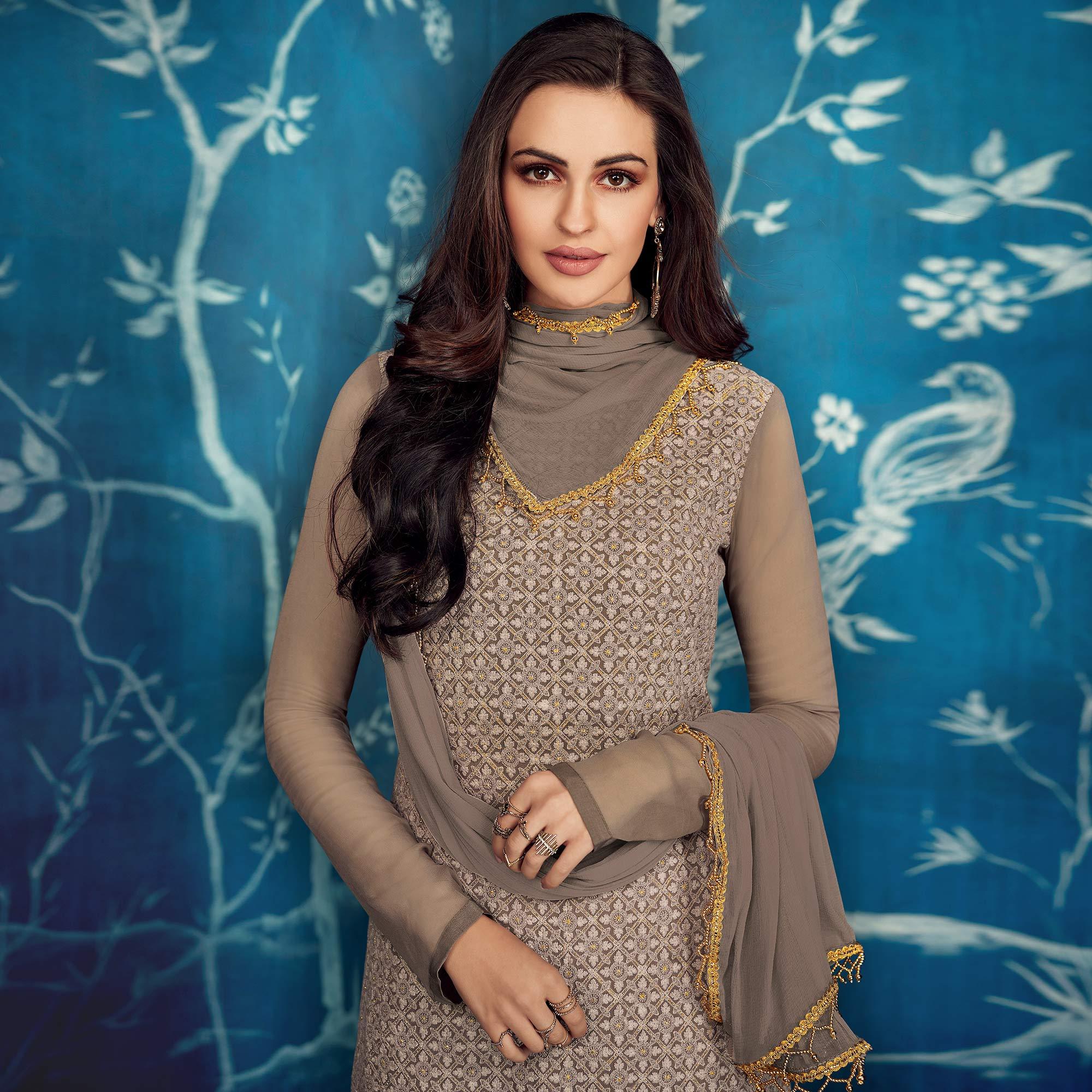 Peachmode Seller Eye-catching Gray Colored Partywear Embroidered Georgette Palazzo Suit - view 3
