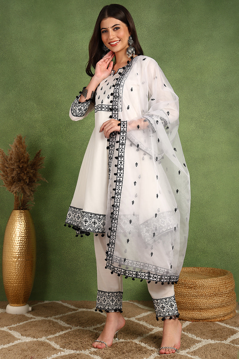 Ahika White Silk Blend Embroidered Thread Work A-Line Trouser Suit Set PKSKD2508WHT - view 6