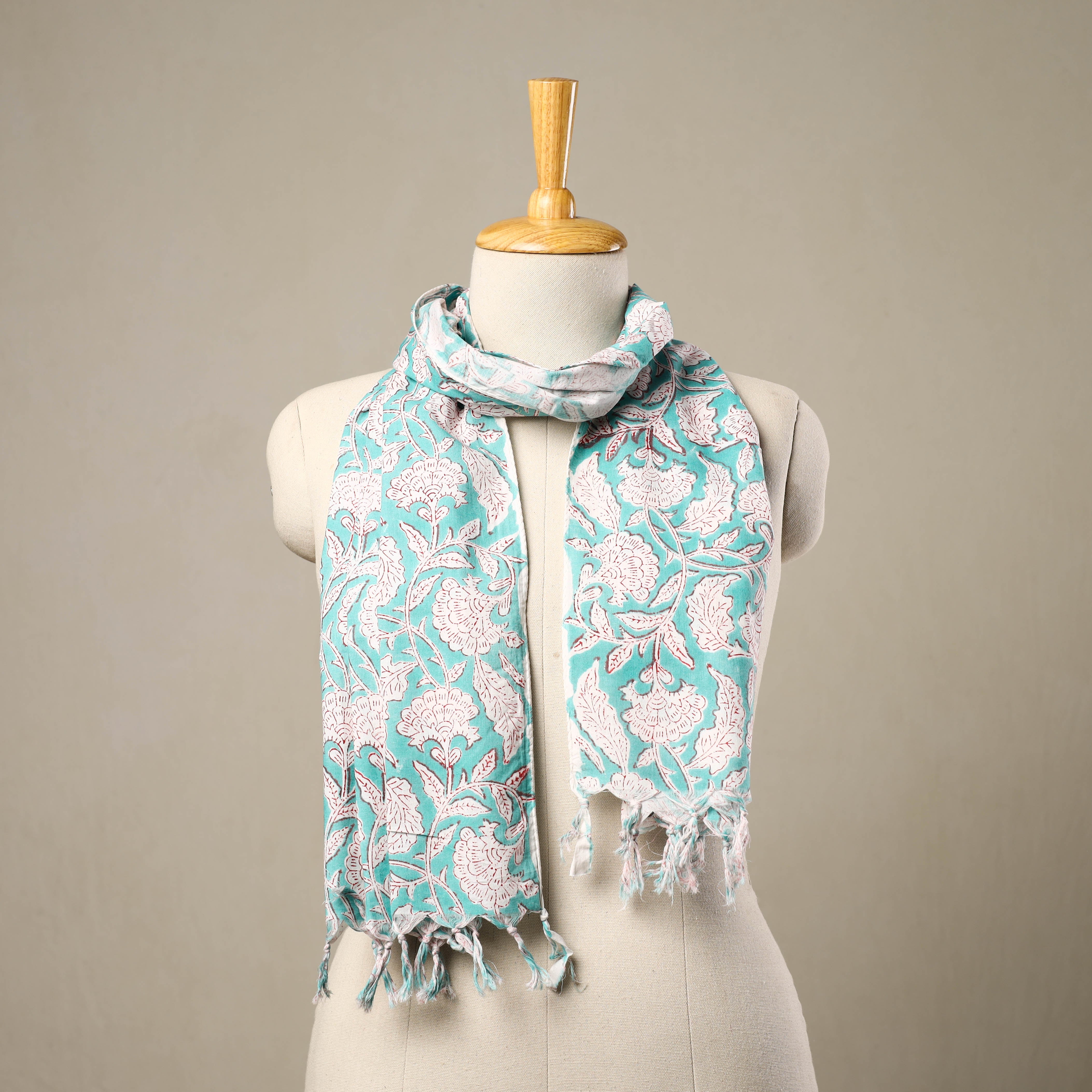 HAVELI CHRONICLES Blue - Block Print Cotton Sanganeri Stole with Tassels 124