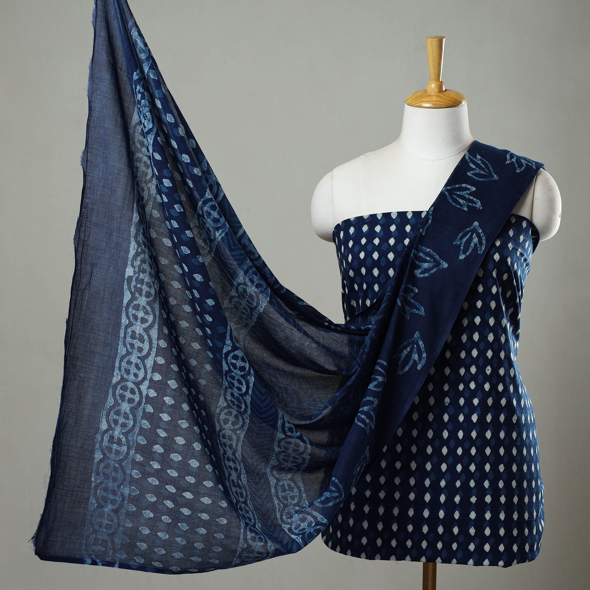 ARTISAN HAND BLOCK PRINTS Blue - 3pc Cotton Indigo Bagru Print Dress Material Set 12