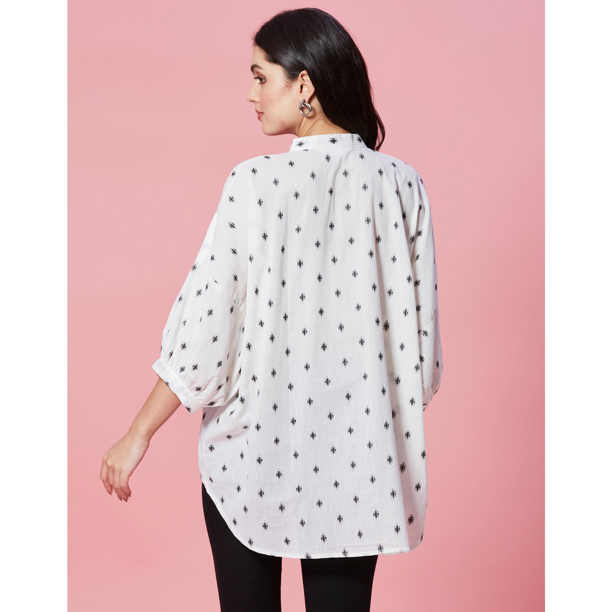 Peachmode White Jacquard Butti Woven Pure Cotton Kimono Top - view 6
