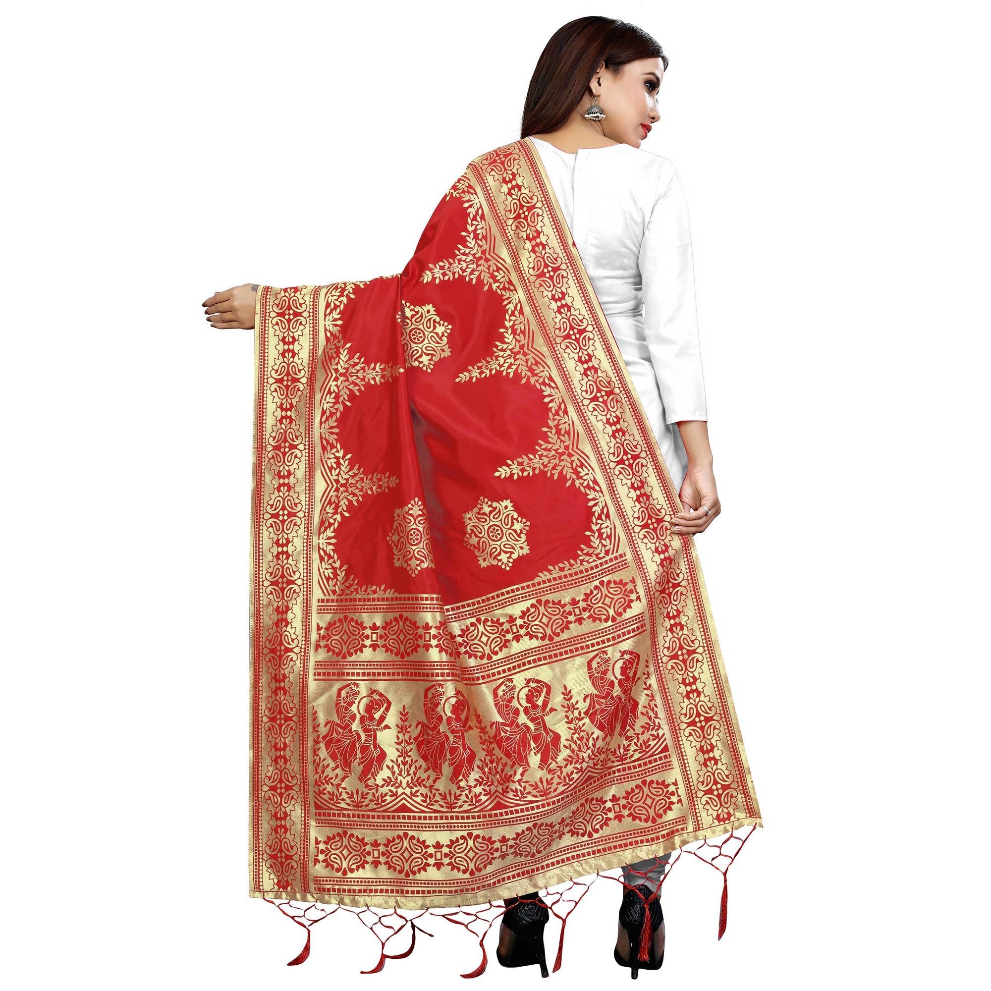 Peachmode Seller Breathtaking Red Colored Festive Wear Banarasi Silk Dupatta - view 4
