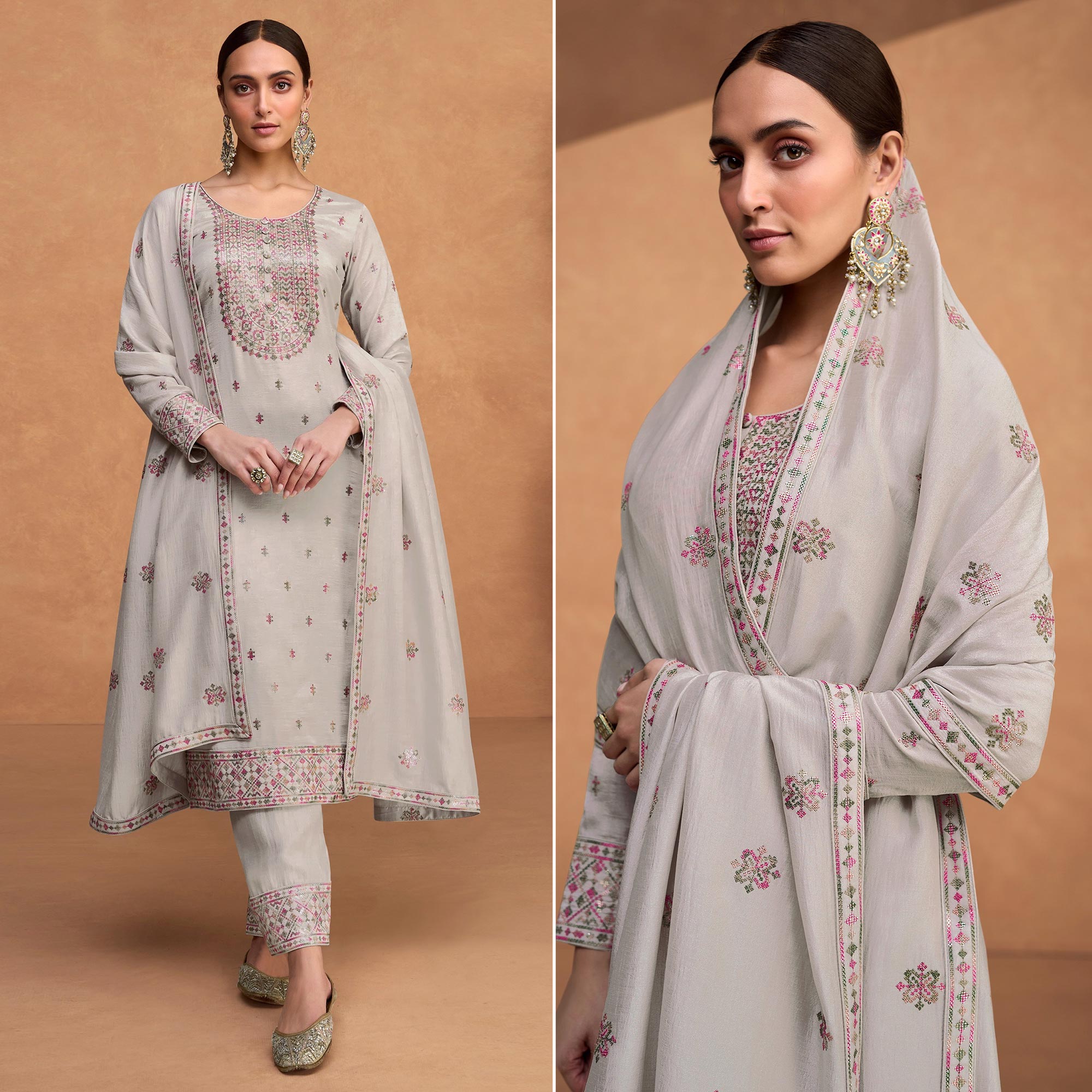 Peachmode Grey Sequins Embroidered Pure Silk Semi Stitched Suit