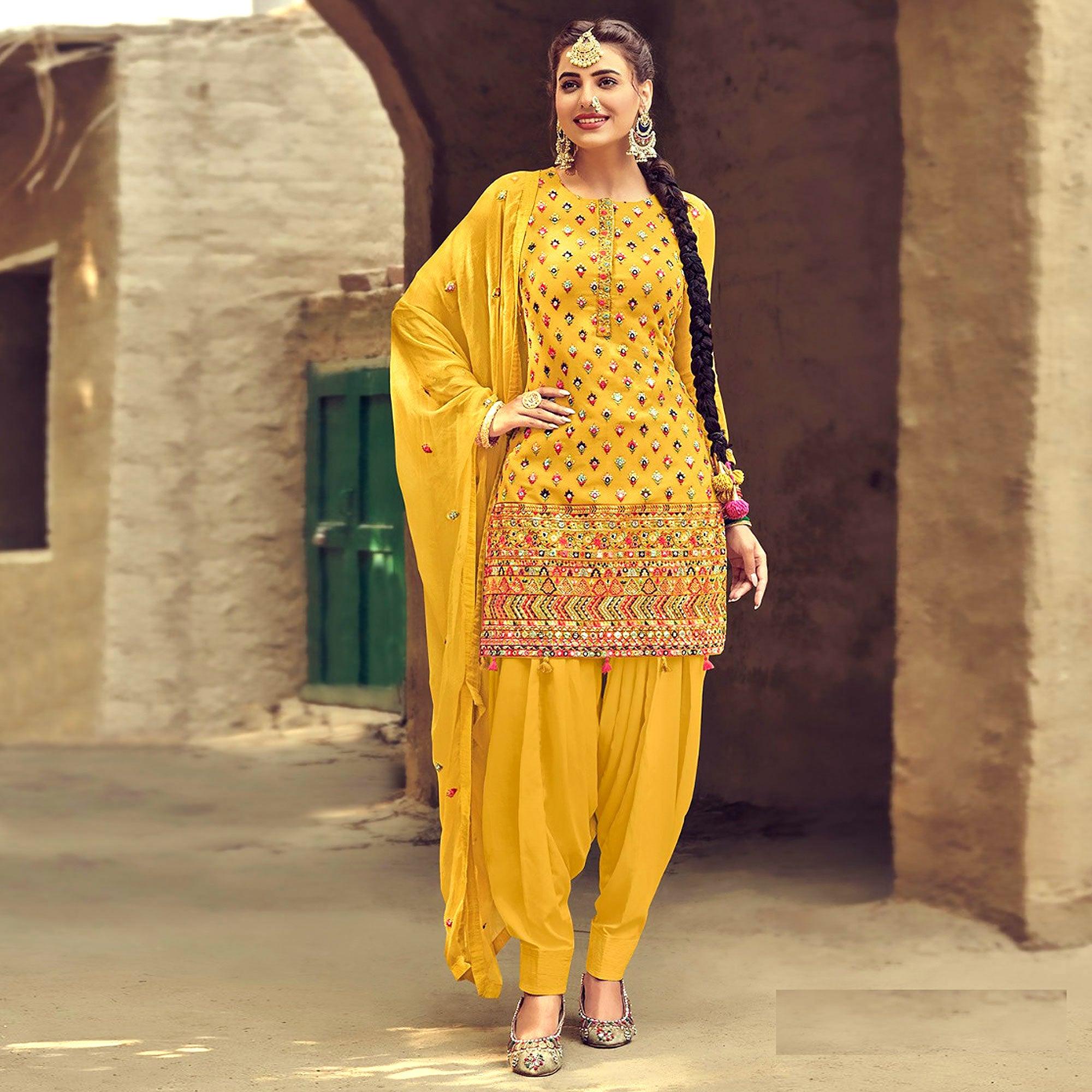 Peachmode Festive Wear Yellow Sequins Embroidery Work Faux Georgette Patiala Suit