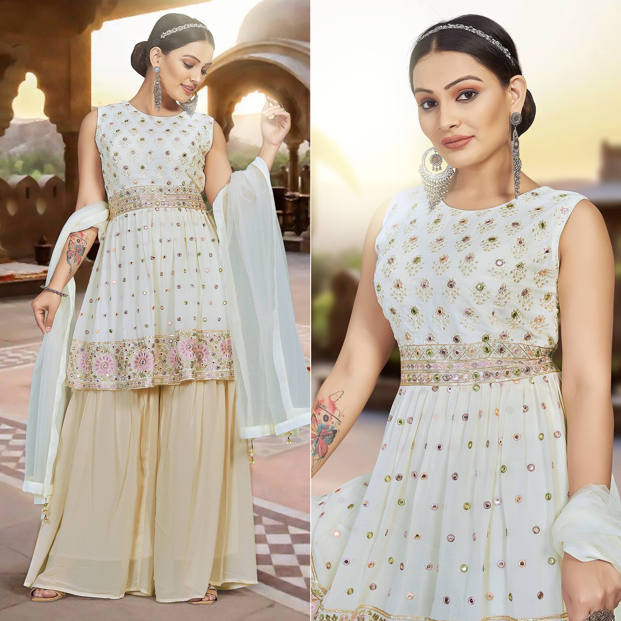 Peachmode Seller Cream Floral Embroidered Georgette Sharara Suit
