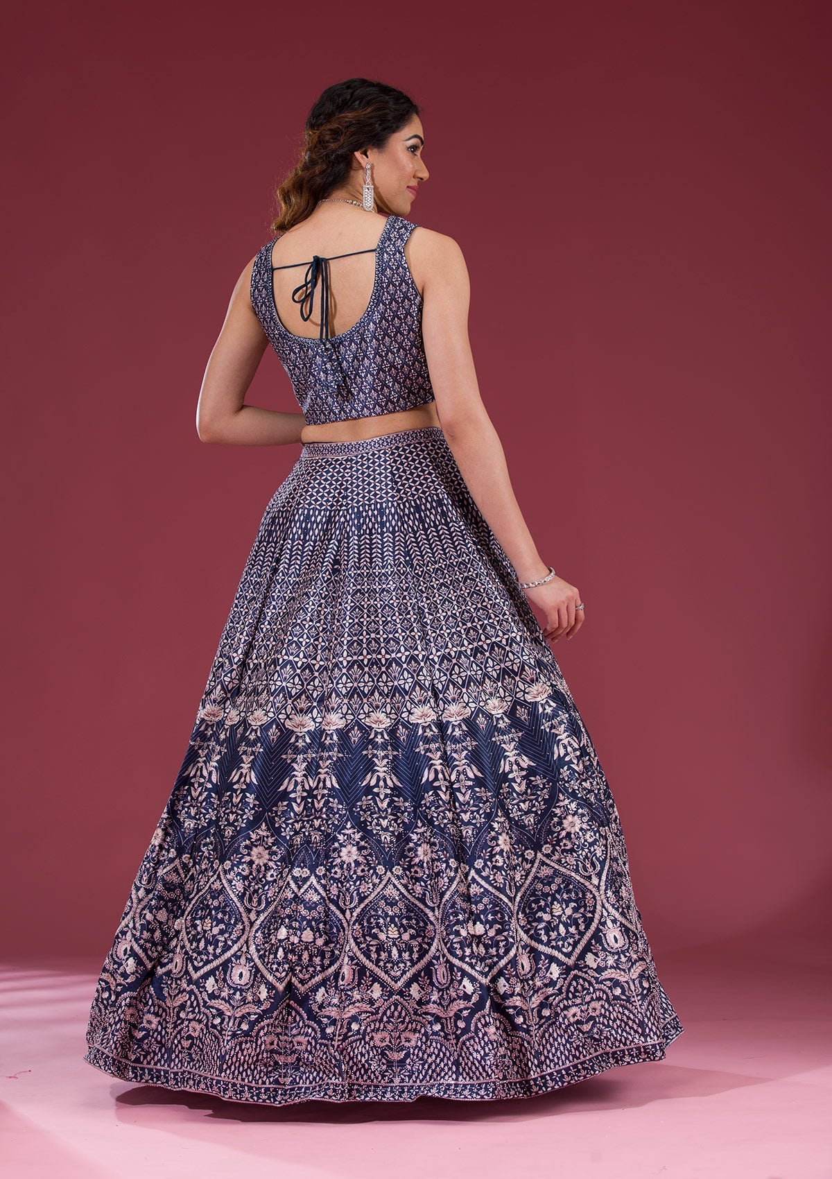 Koskii Navy Blue Silver Stonework Raw Silk Readymade Lehenga - view 3