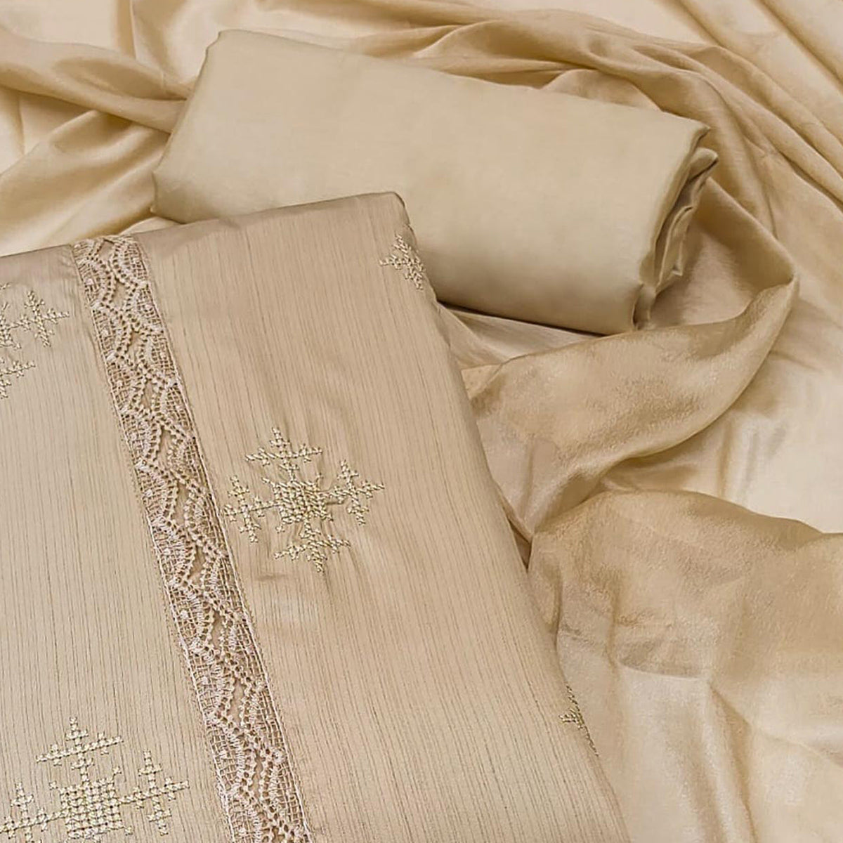 Peachmode Light Chikoo Embroidered Raw Silk Dress Material - view 2