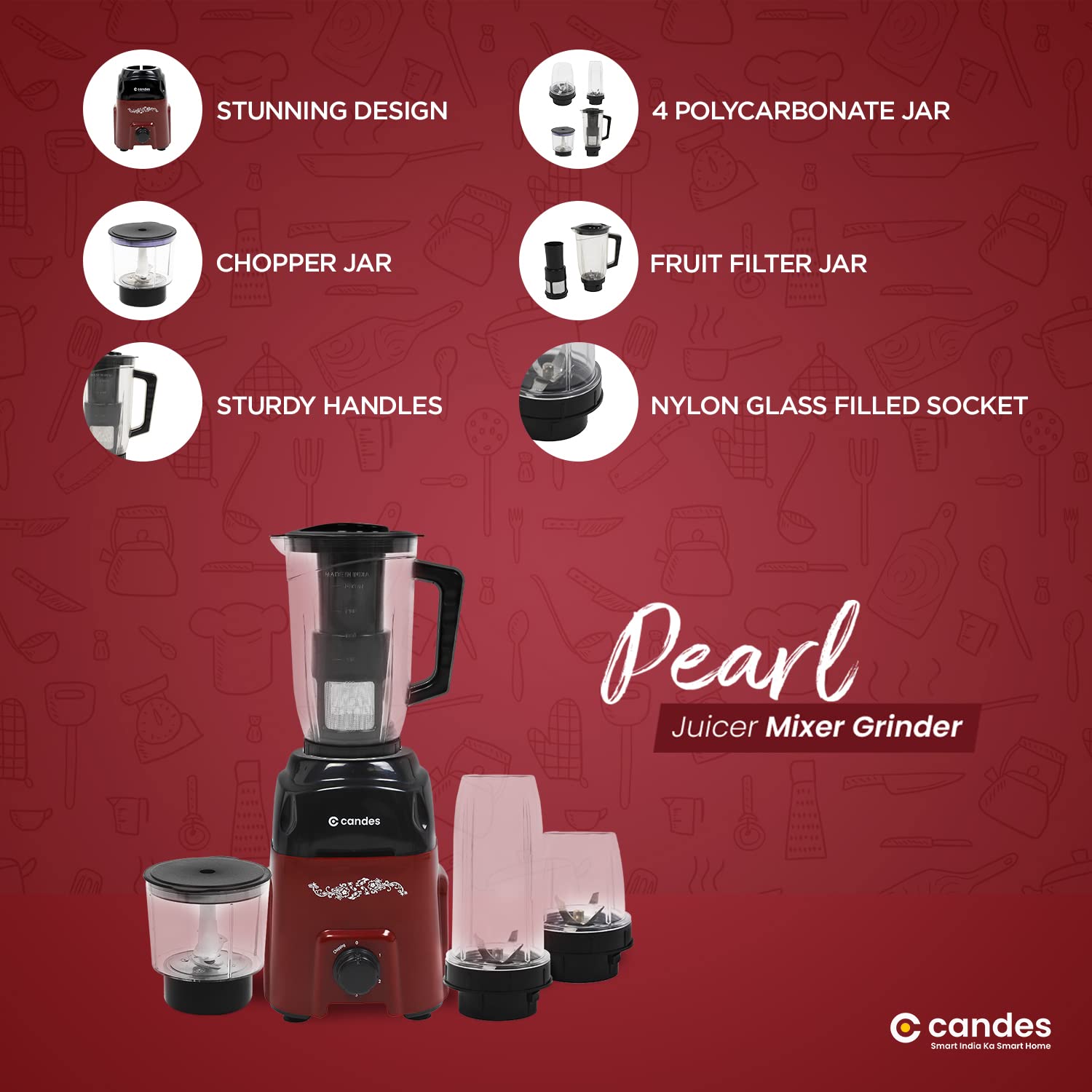 Candes Pearl 600 W Mixer Grinder 4 Jars - Black, Red (1 Year Warranty + 2 Years on Motor Only) - view 6