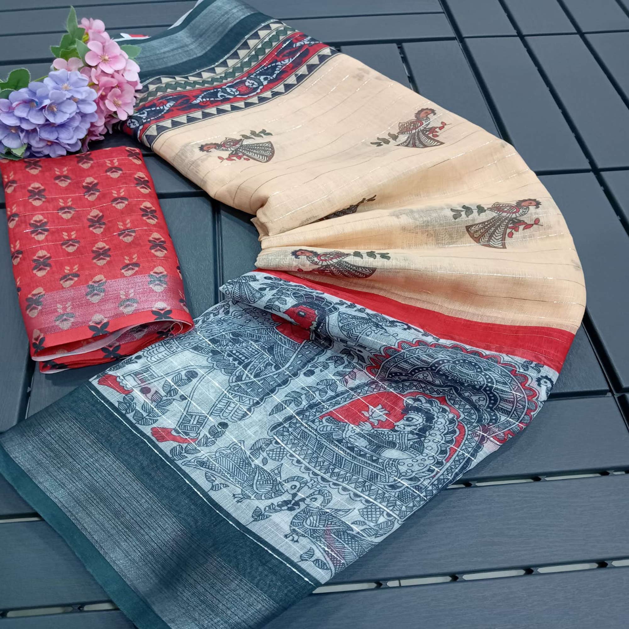 Peachmode Cream Digital Printed With Zari Work Linen Cotton Saree