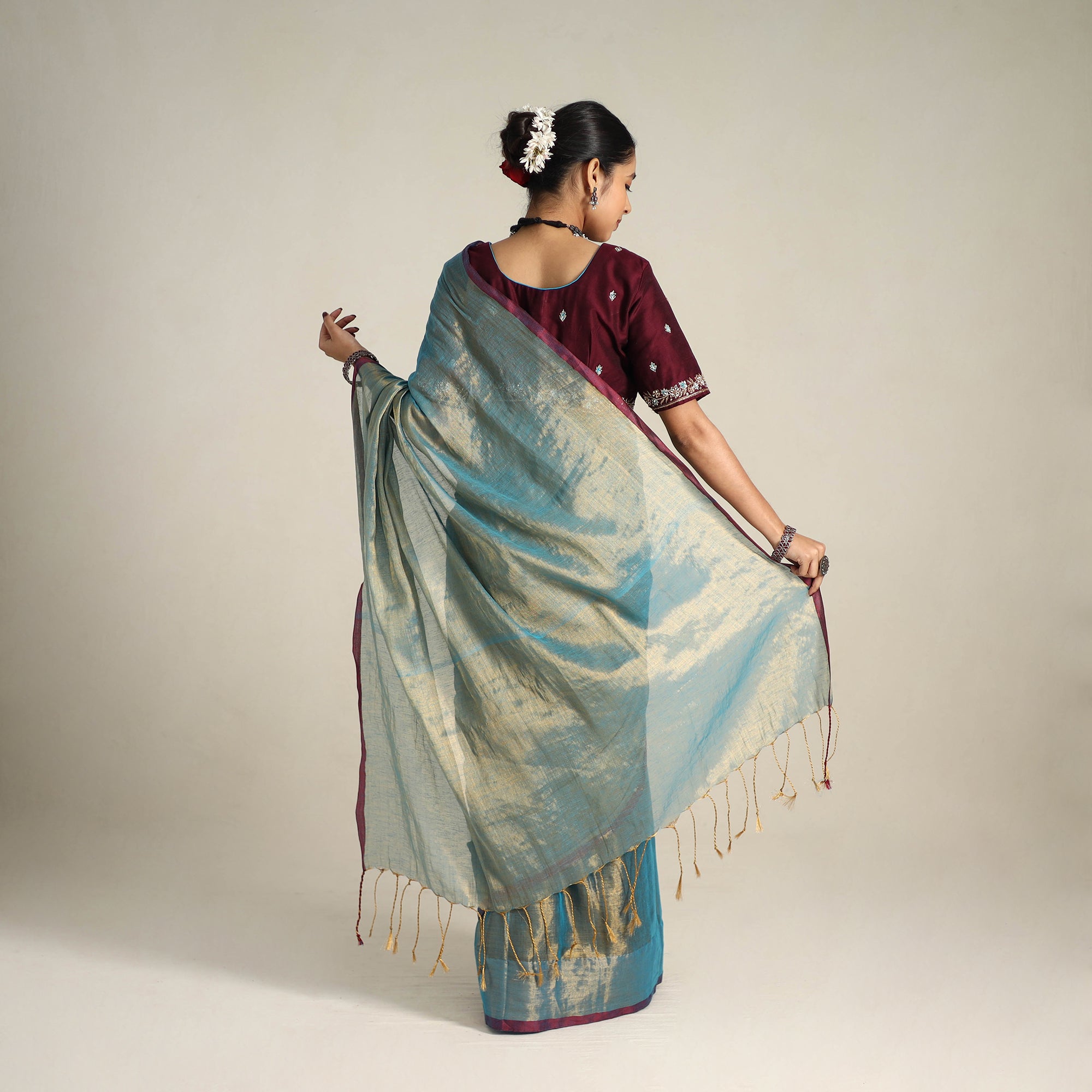 KHUSHBASH - HAPPY LOOM OF EAST Blue - Fine Tissue Zari Bengal Saree with Embroidered Blouse 01 - view 2