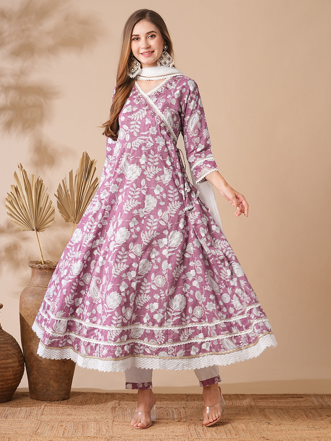 Fashor Floral Printed Stones & Pearl Embroidered Anarkali Kurta with Pants & Dupatta - Mauve