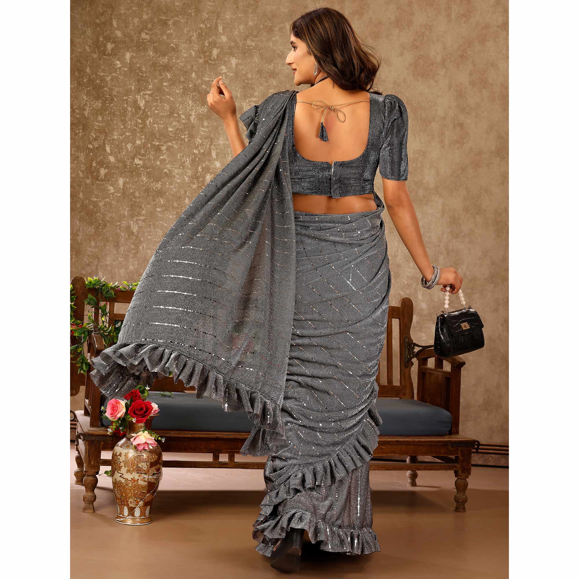 Peachmode Seller Grey Tikki Work Lycra Ready To Wear Ruffle Saree - view 5