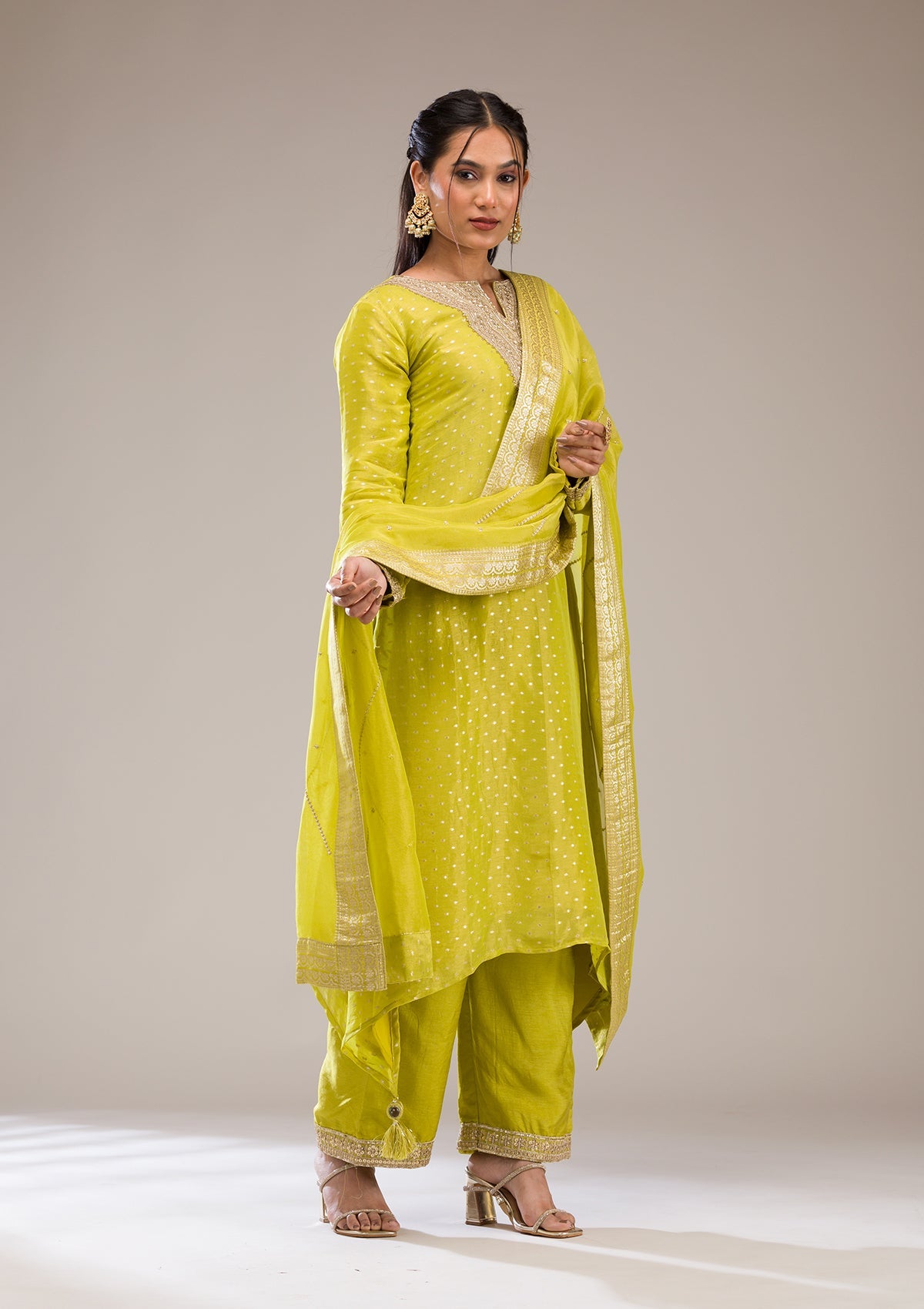 Koskii Parrot Green Zariwork Semi Crepe Readymade Salwar Suit