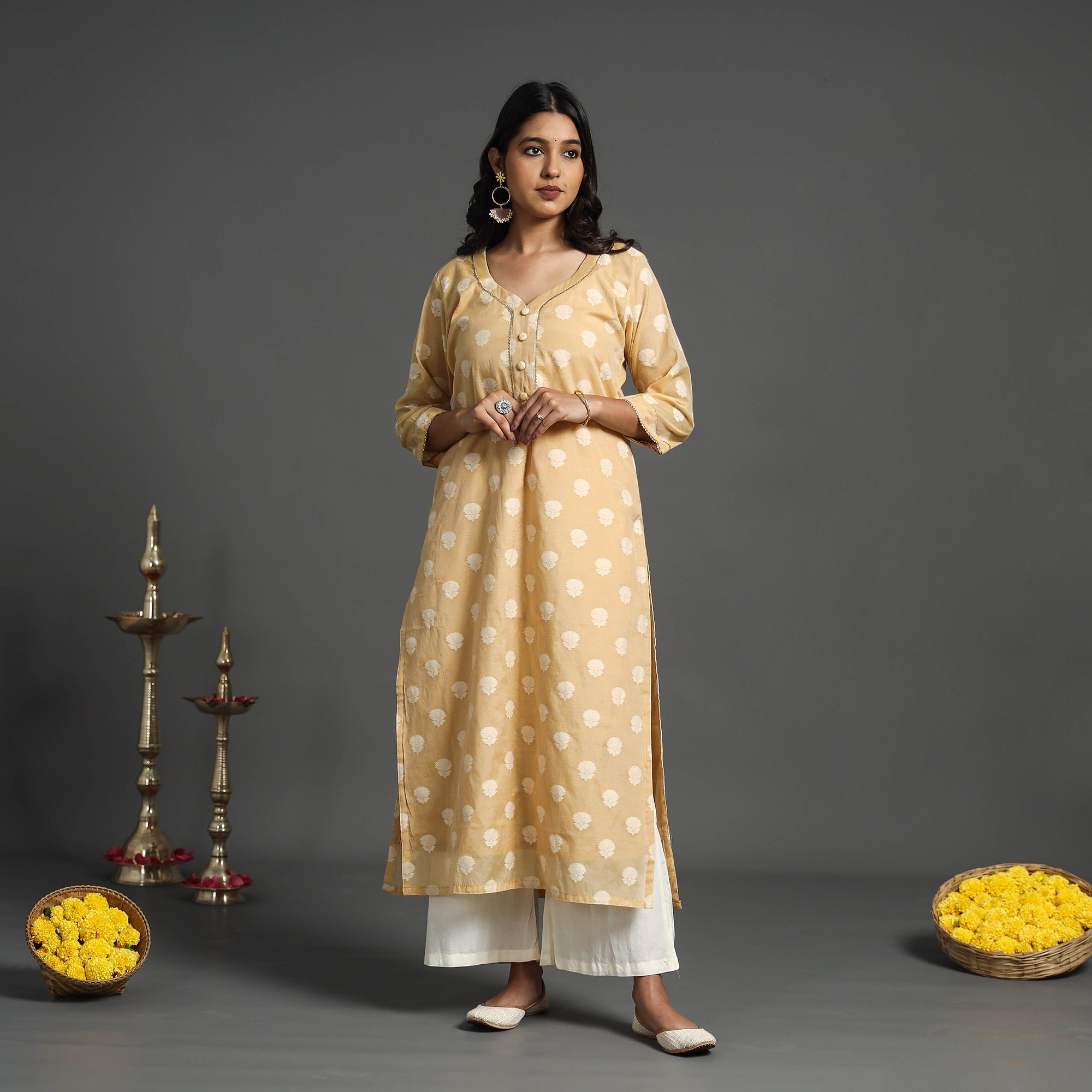 ITOKRI CASUALS Beige - Handwoven Cutwork Cotton Banarasi Kurta 08