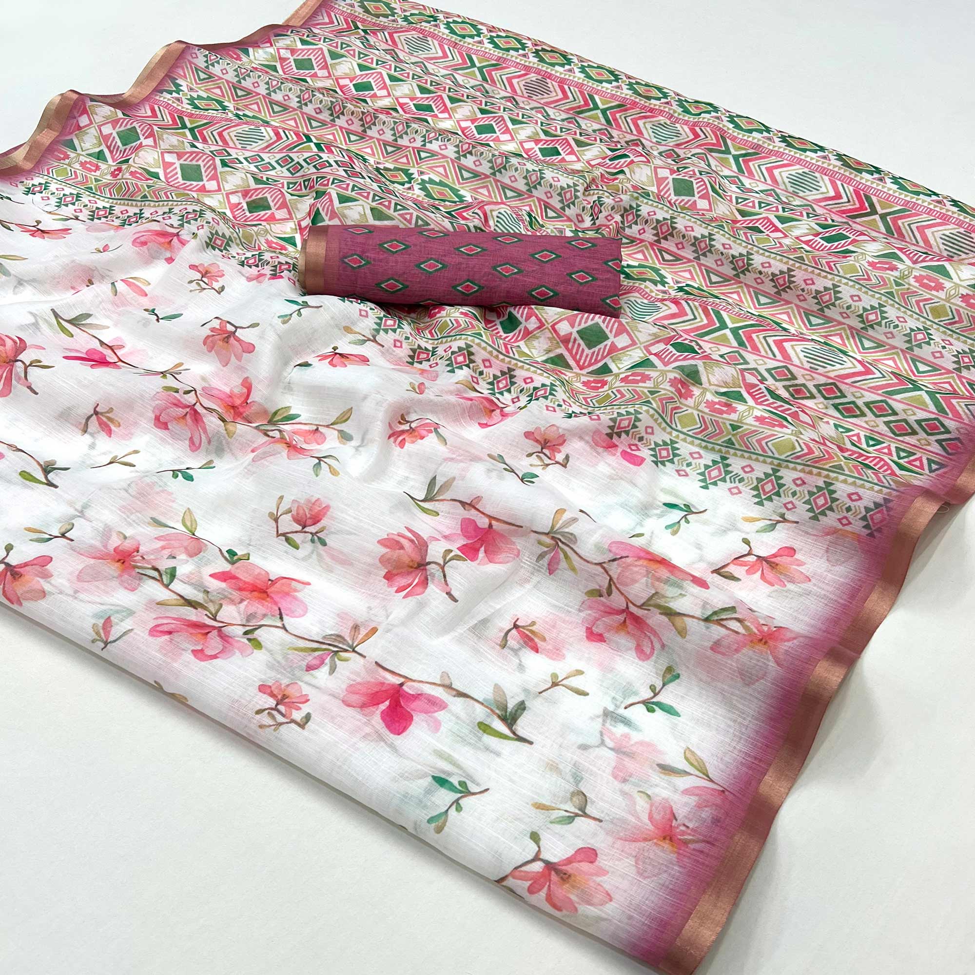 Peachmode White & Pink Floral Digital Printed Linen Saree With Zari Border