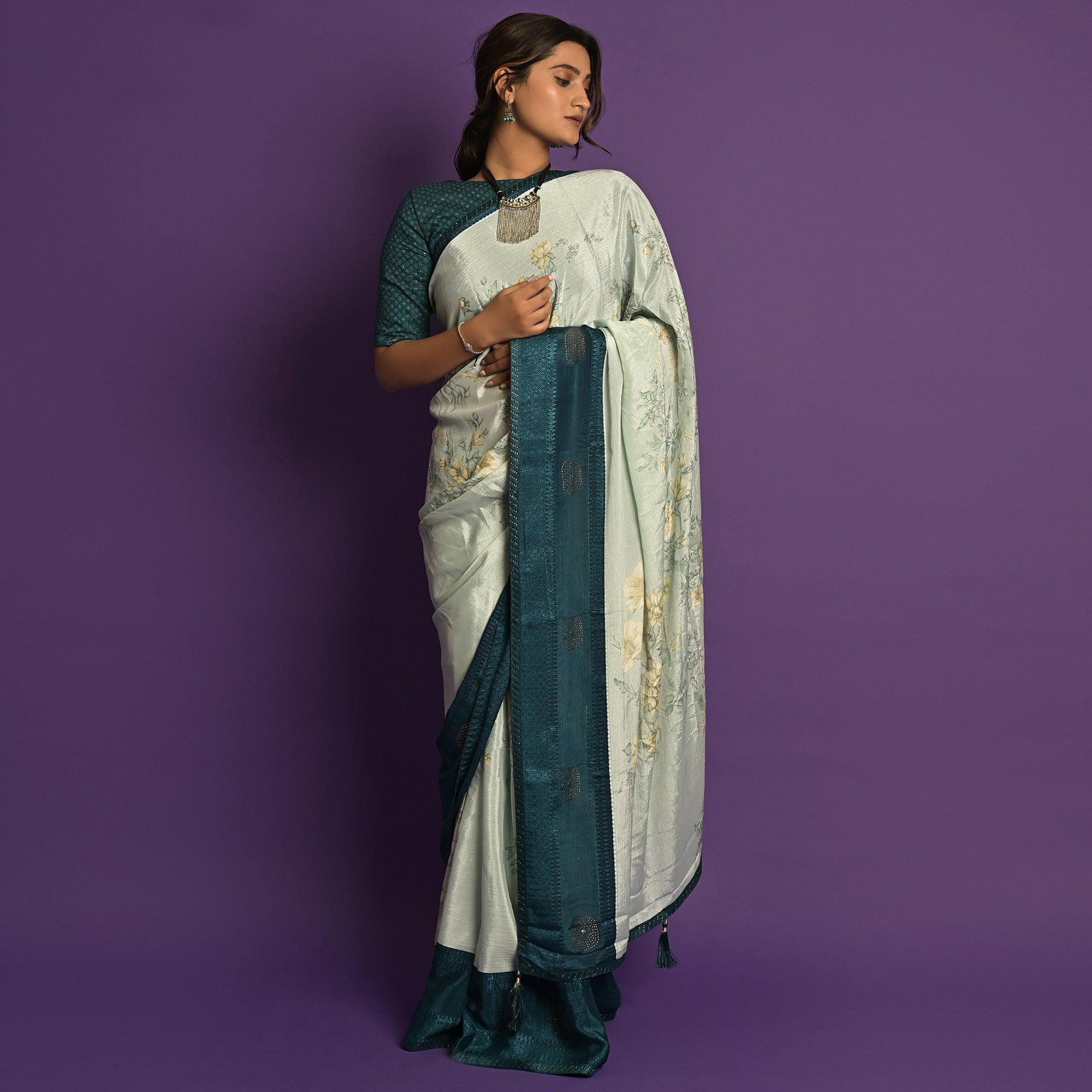 Peachmode Light Blue Printed-Embellished Chiffon Saree - view 2