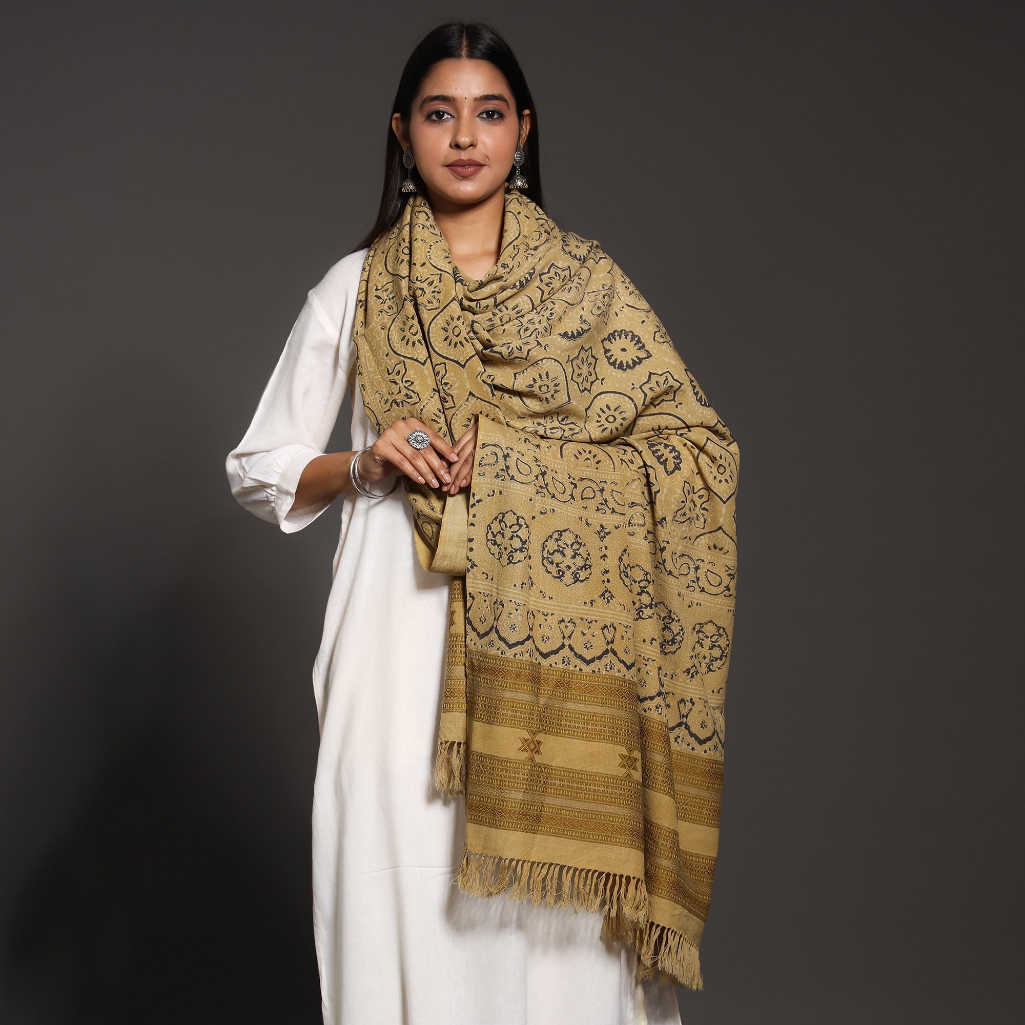 VANKAR BHIMJI KANJI Brown - Kutch Traditional Ajrakh Block Printed Handwoven Pure Wool Shawl - view 4