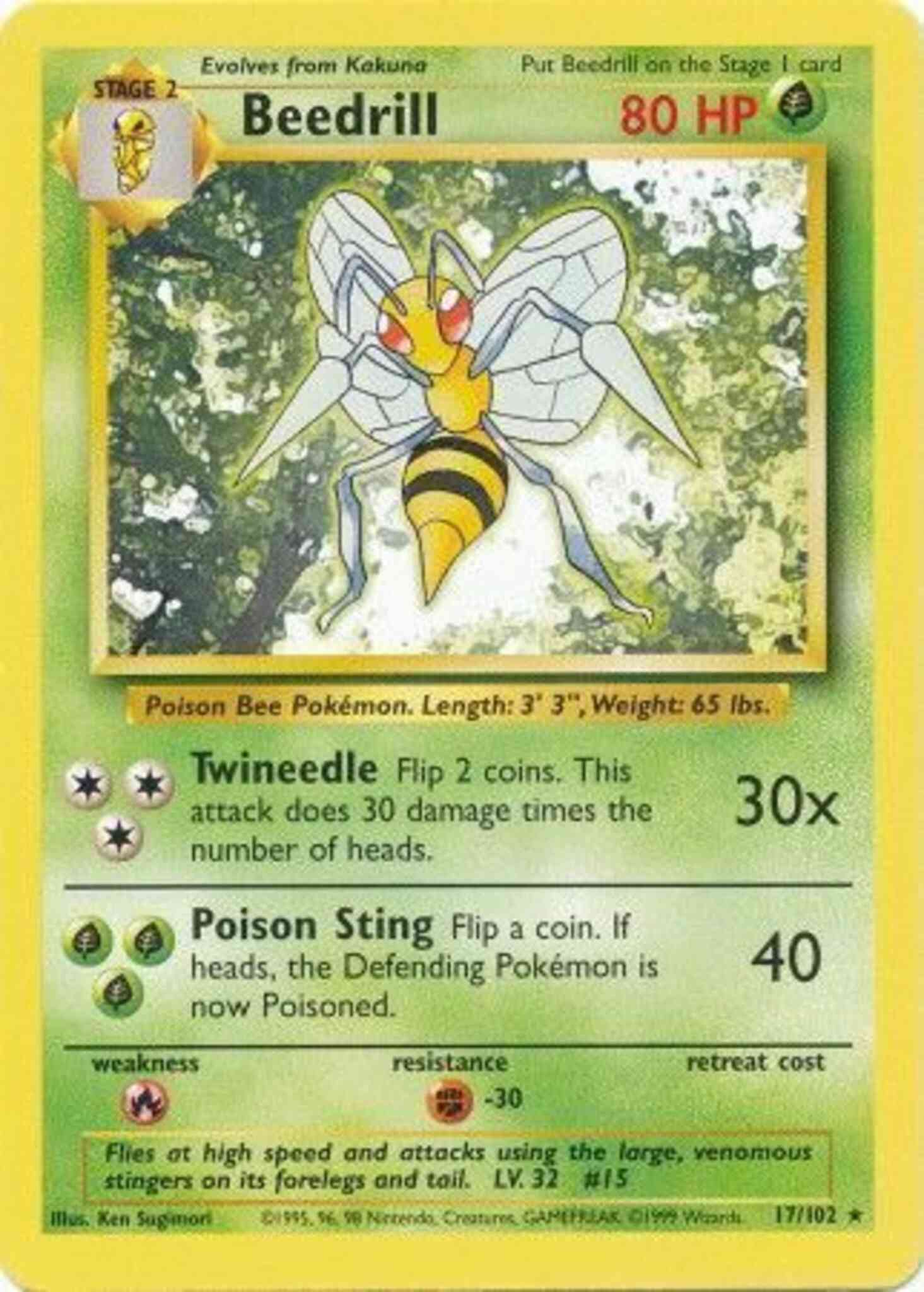 Unlimited base1u-17 non-holo – Pokémon Beedrill - 17/102 - Rare - Unlimited [base1U-17] [Non-Holo]