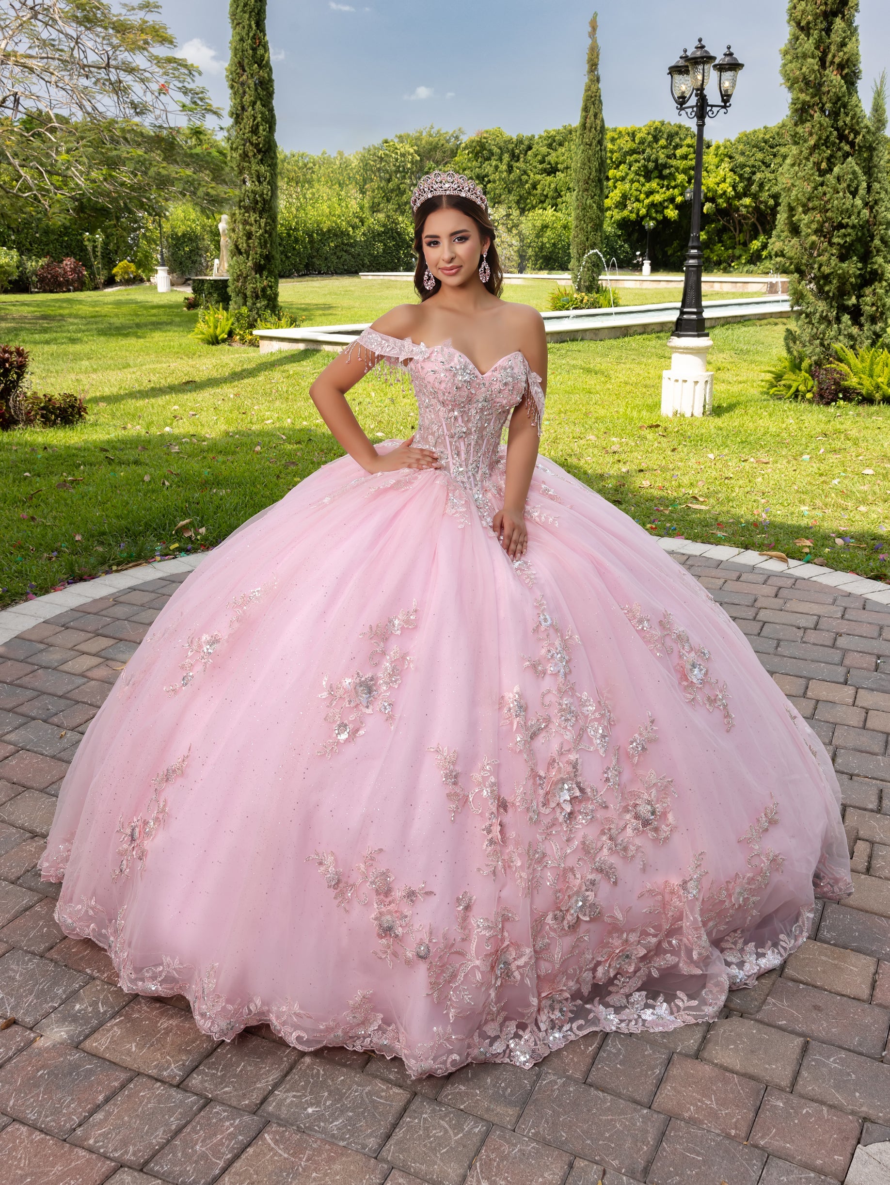 House of Wu Fiesta Gowns 3D Floral Off Shoulder Ball Gown by LizLuo Fiesta 56526