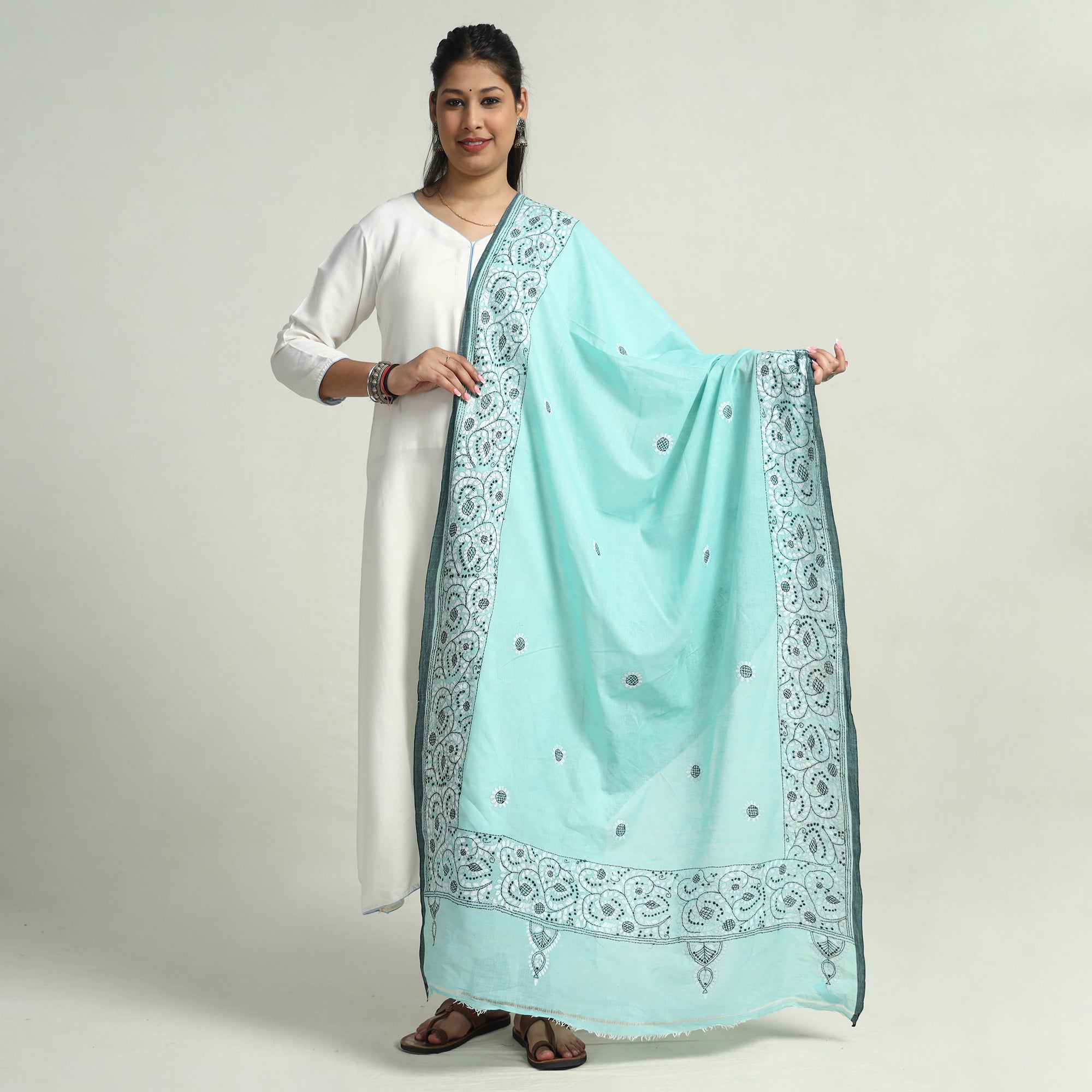 KHUSHBASH - HAPPY LOOM OF EAST Blue - Bengal Kantha Hand Embroidery Cotton Handloom Dupatta 21