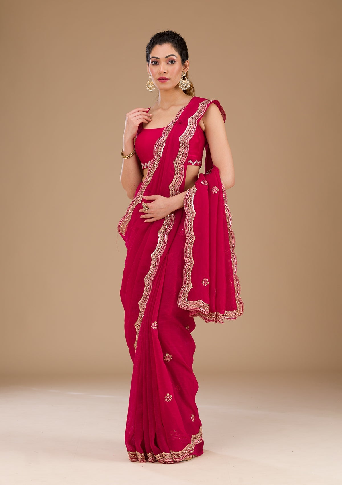 Koskii Rani Pink Sequins Tissue Saree – Women's