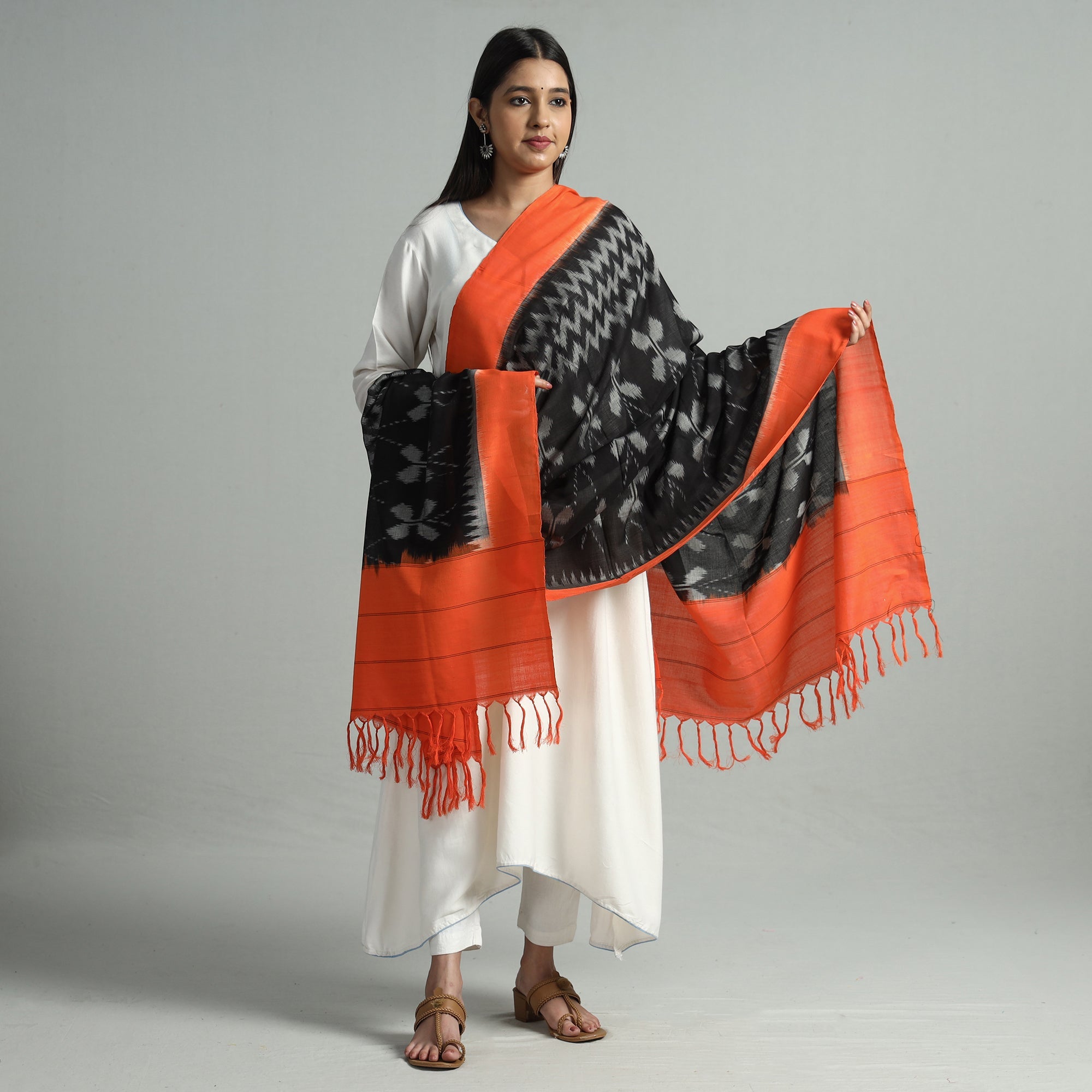 IKAT WEAVES BY EDEM CHANDANA Black - Pochampally Ikat Handloom Cotton Dupatta with Tassels 15 - view 2
