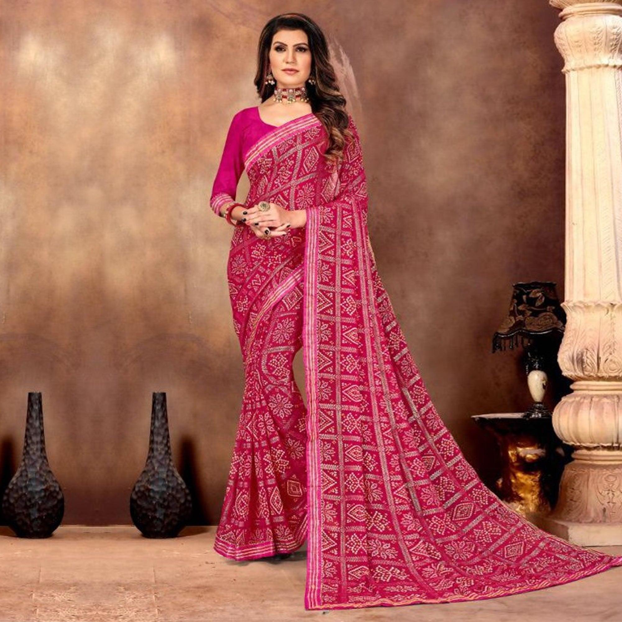 Peachmode Jazzy Pink Colored Festive Wear Bandhani Print With Gotta Border Heavy Georgette Saree