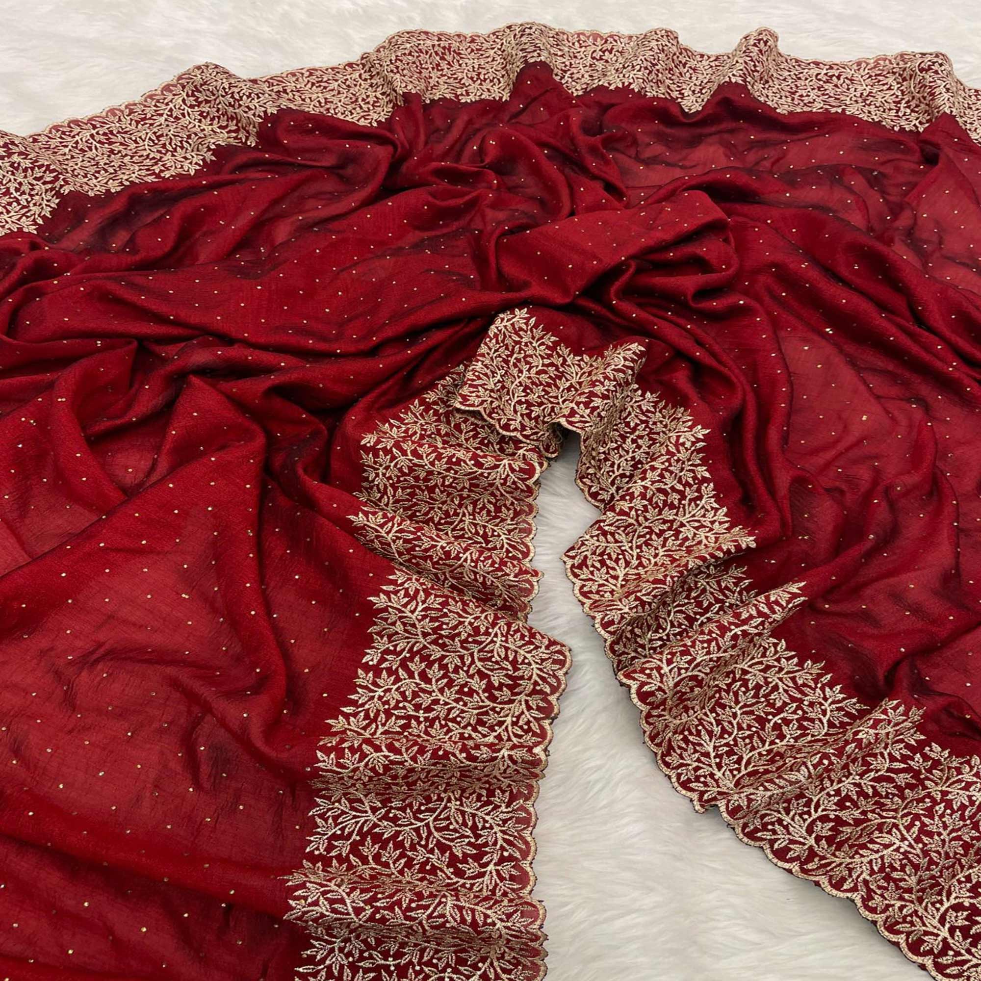 Peachmode Maroon Zari Embroidered With Stonework Vichitra Silk Saree