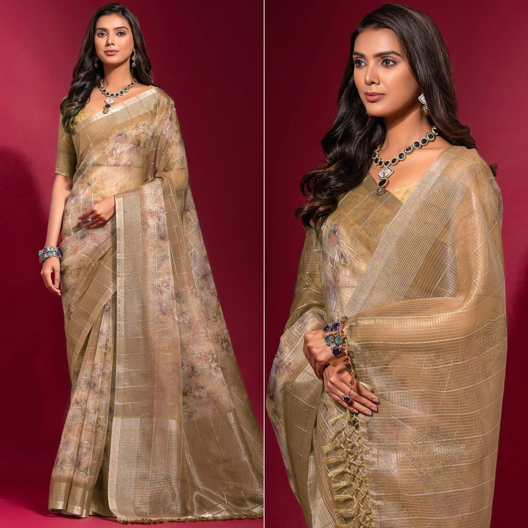 Peachmode Brown Digital Printed With Zari Work Linen Saree