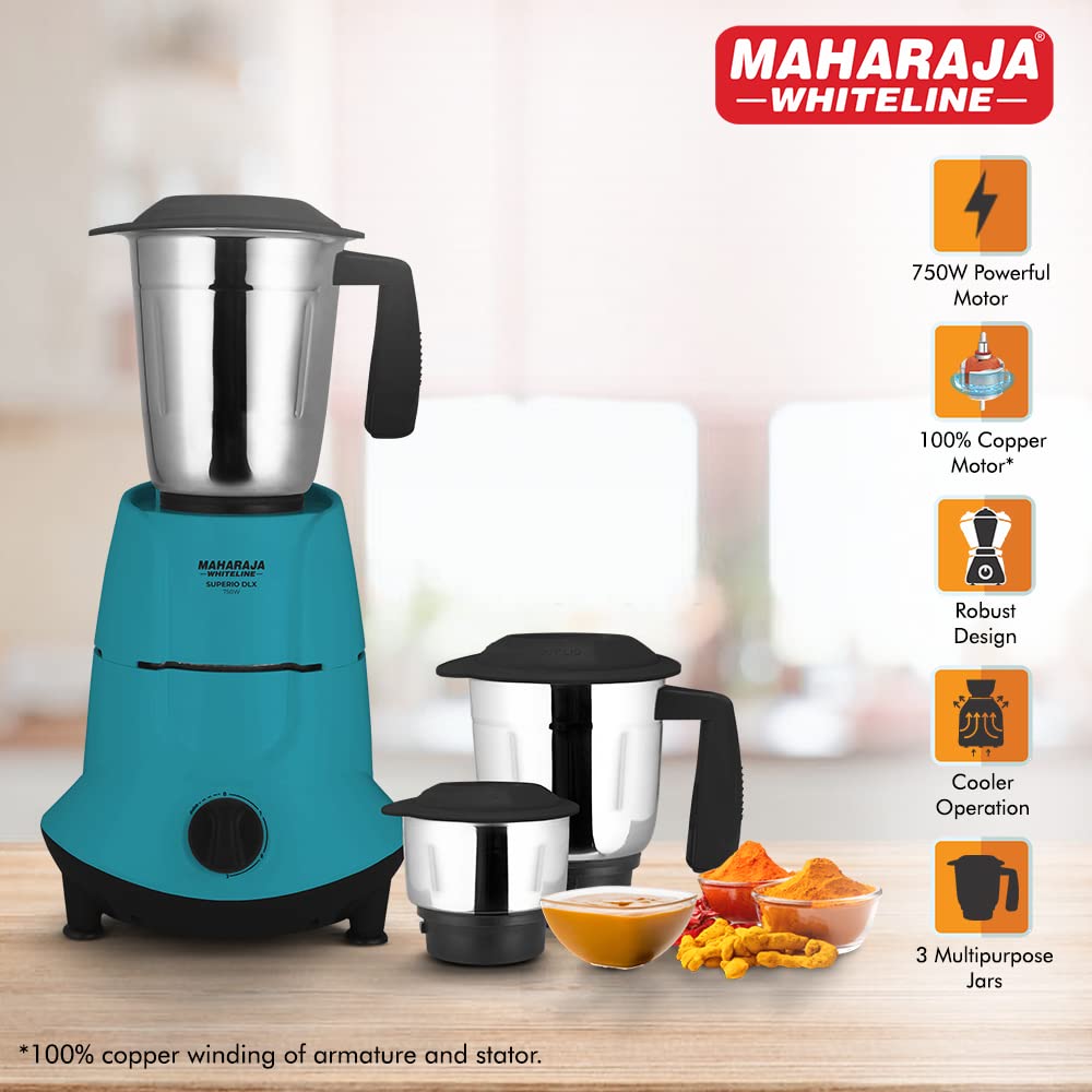 Maharaja Whiteline Superio DLX 750 Watts Mixer Grinder with 3 Jars | Black & Blue - view 2