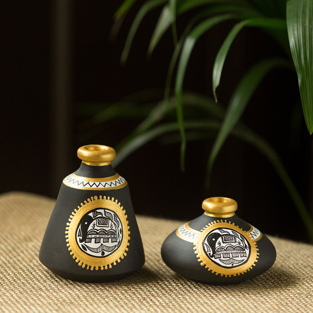EXCLUSIVELANE 'Tiny Twins' Madhubani Handpainted Terracotta Pots Showpieces (Set Of 2)