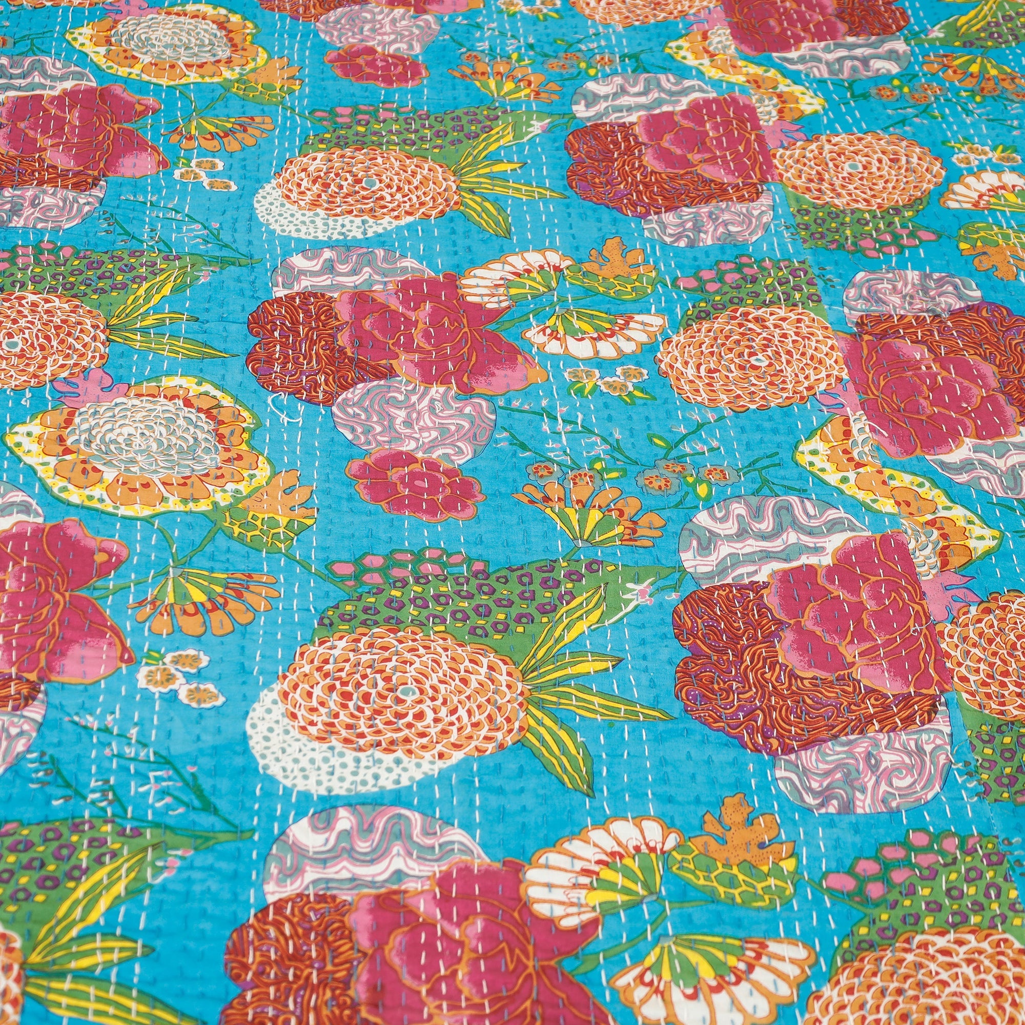 SHADES OF MARUDHARA Blue - Block Print Kantha Work Cotton Double Sanganeri Bed Sheet - view 3
