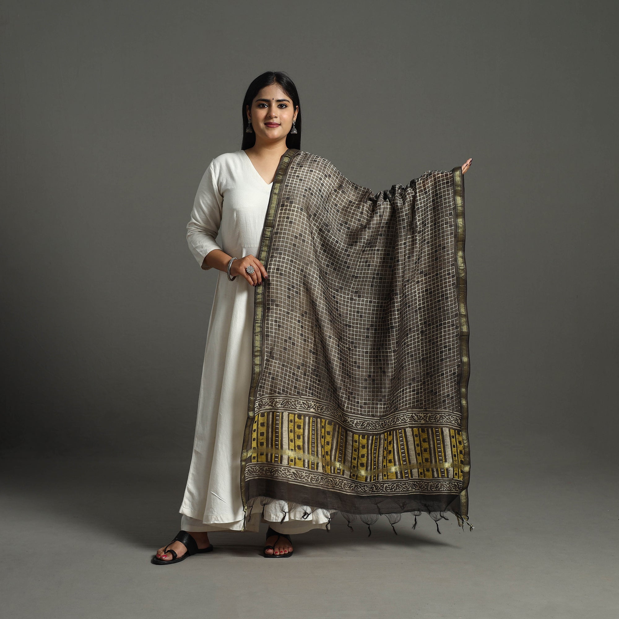 ARTISAN HAND BLOCK PRINTS Brown - Block Print Chanderi Silk Ajrakh Dabu Bagru Dupatta 07