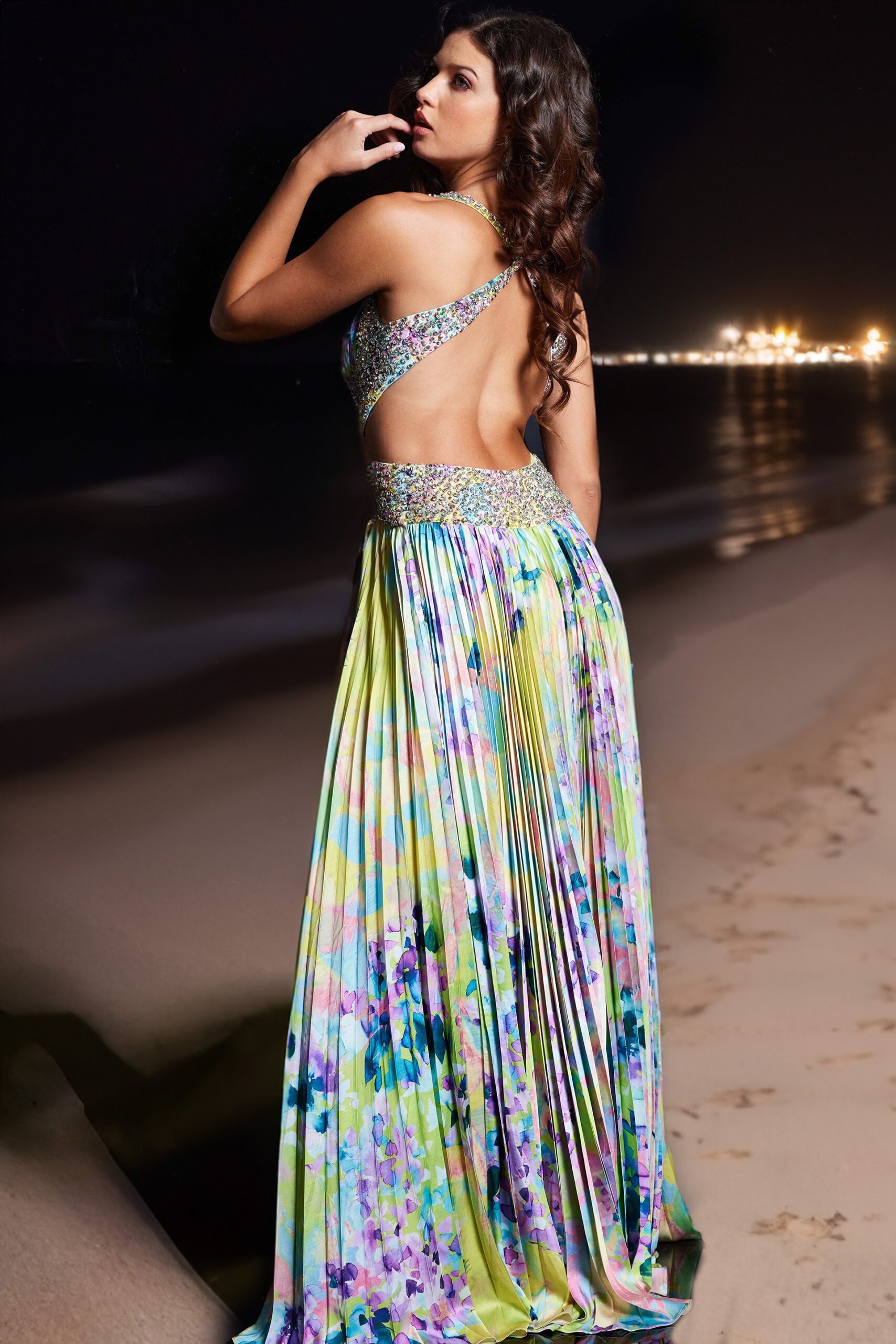 Floral Print Sleeveless A-line Slit Gown by Jovani 38733 - view 2