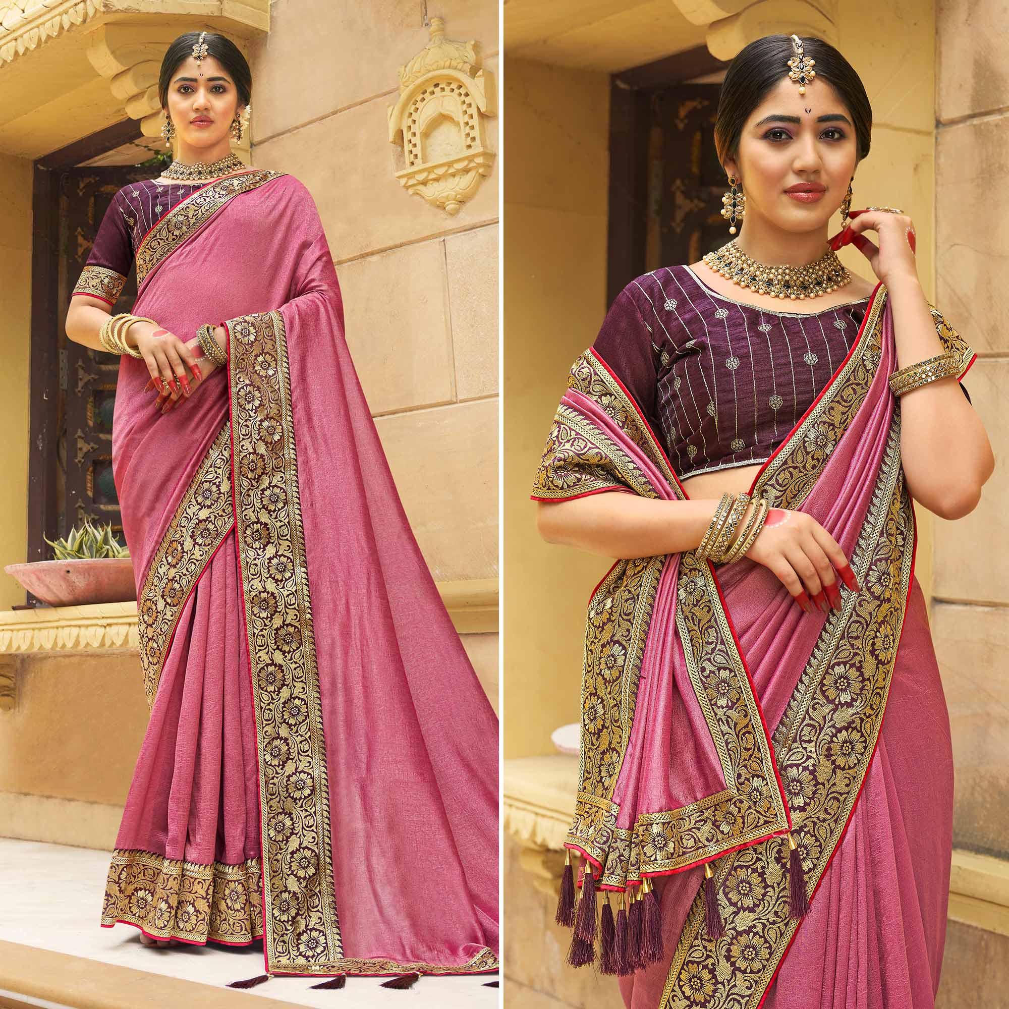 Peachmode Dusty Pink Solid With Embroidered Border Vichitra Silk Saree