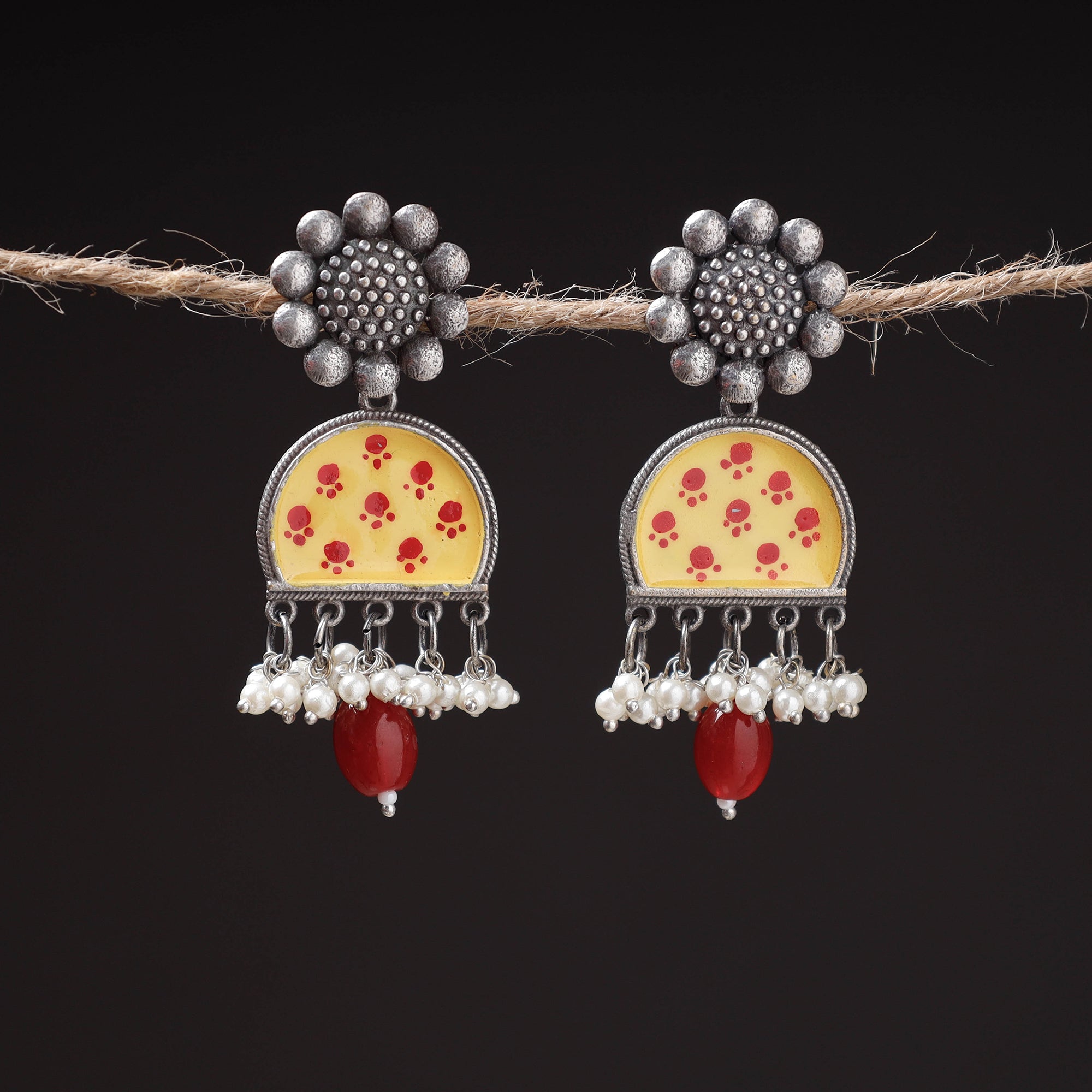 WHITE RIVER STORIES Antique Silver Finish Oxidised Brass Base Enamel Work Earrings