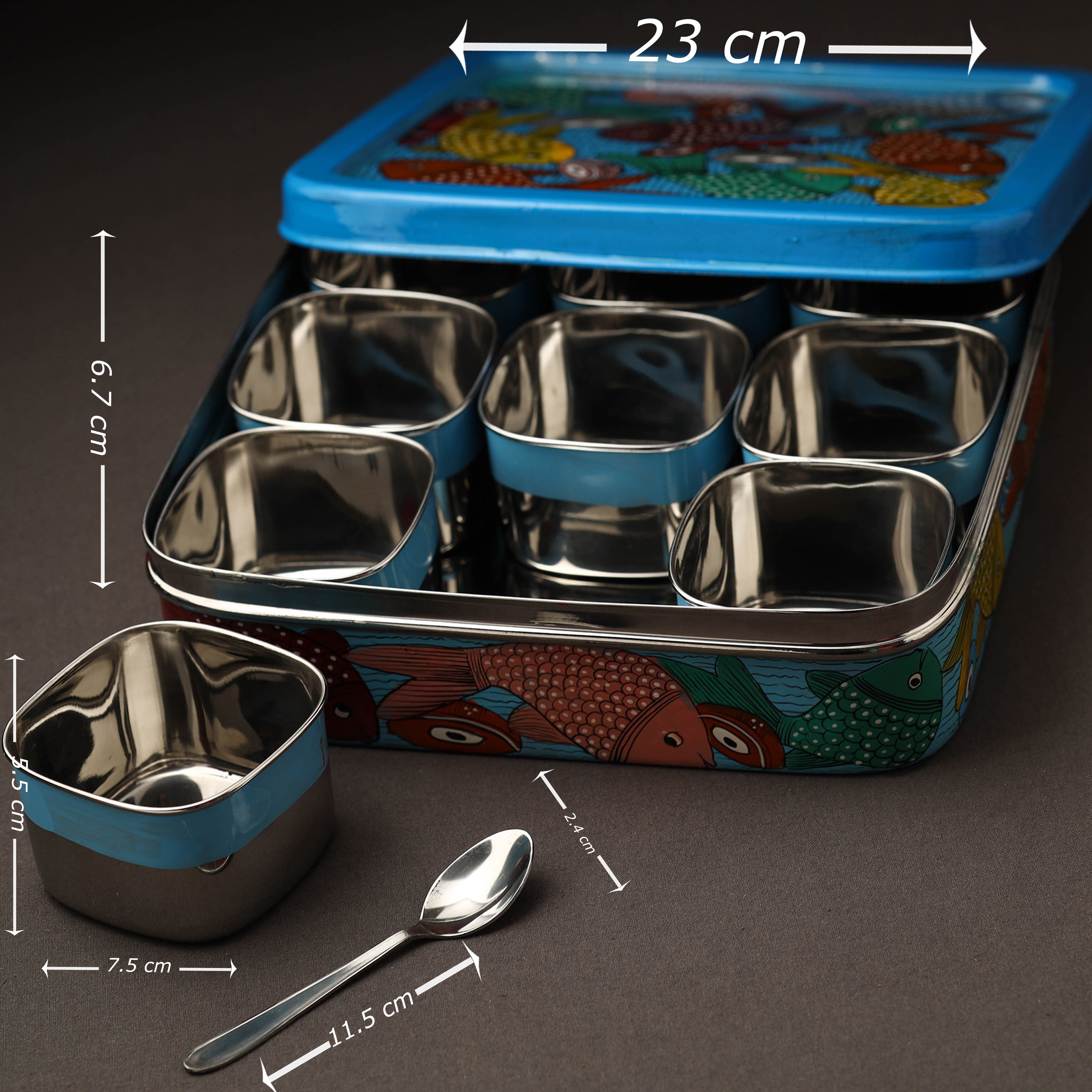 AAYAAS Blue - Bengal Patua Handpainted Stainless Steel Square Masala Box (9 x 9 in) - view 4