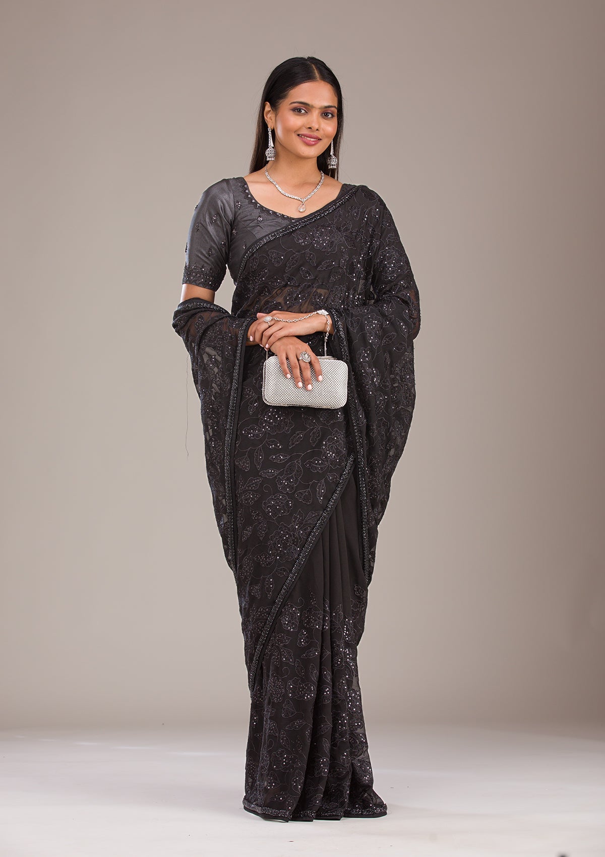 Koskii Black Cutdana Tissue Saree – Women's