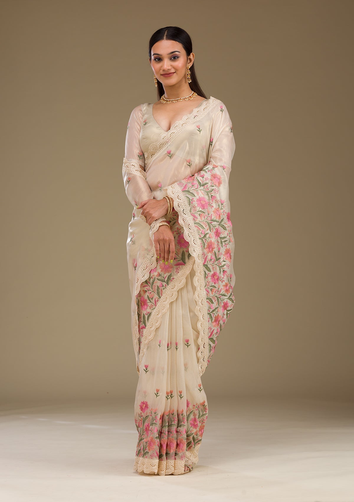 Koskii Cream Threadwork Tissue Saree – Women's - view 8