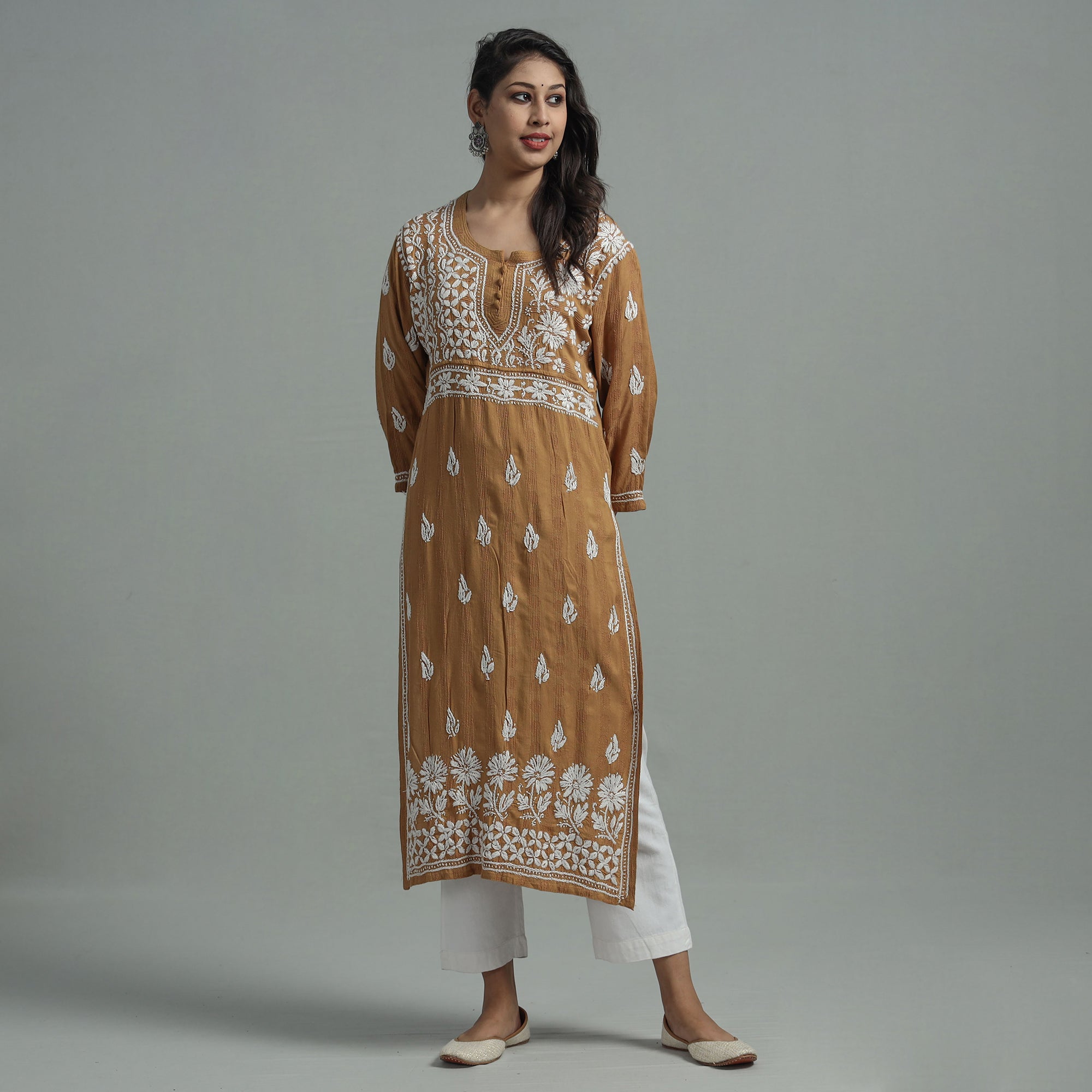 MEHARKI CHIKAN Brown - Chikankari Hand Embroidered Cotton Long Kurta - view 2