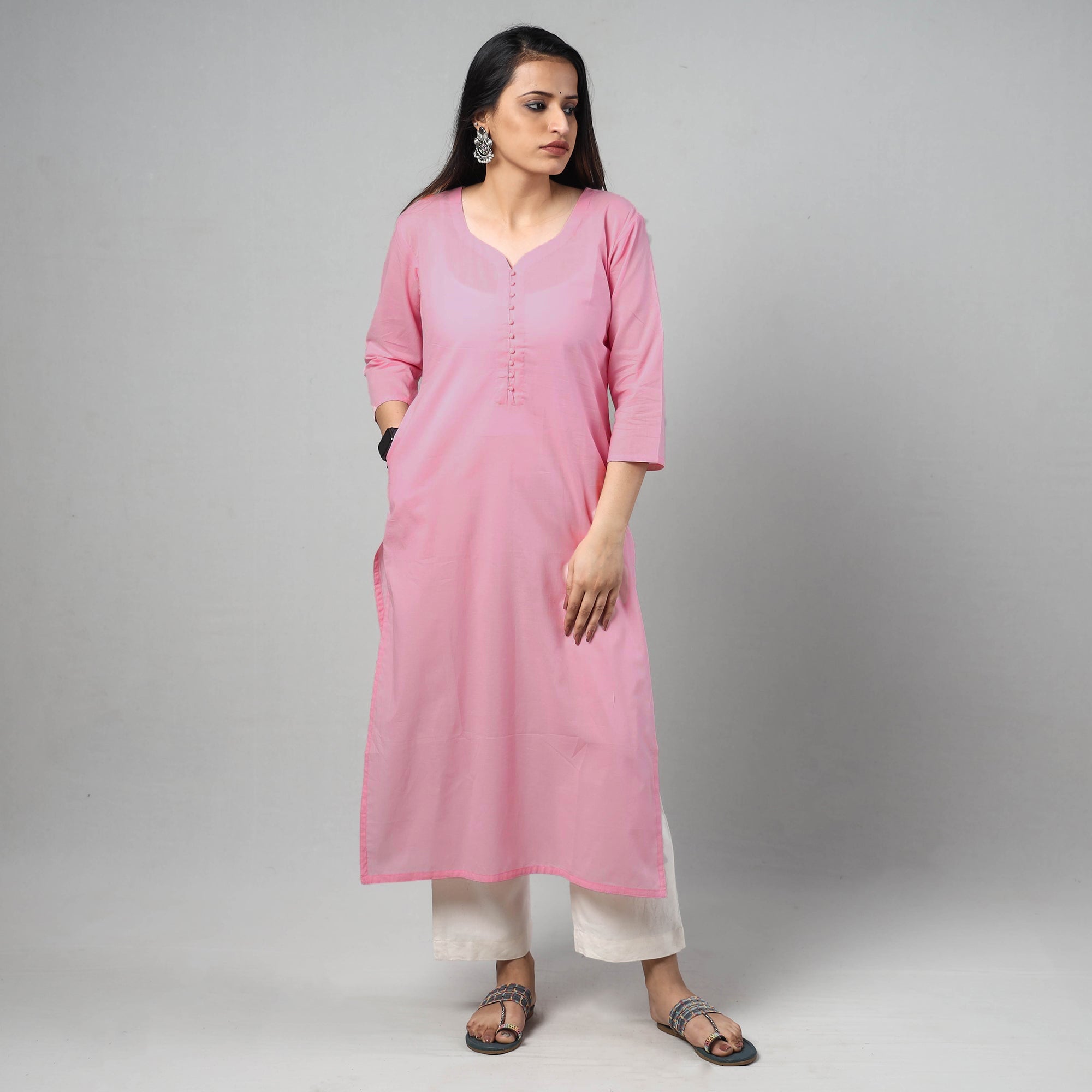ITOKRI CASUALS Baby Pink - Plain Cotton Long Straight Kurta 11 - view 2