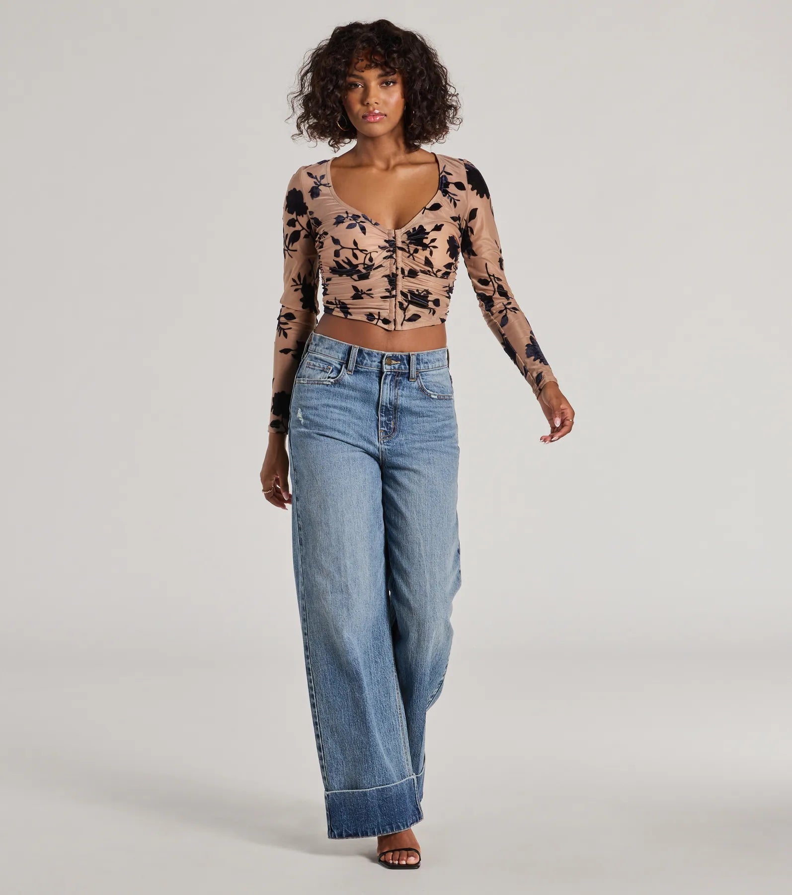 Windsor Charming Flocked Floral Mesh Long Sleeve Corset Top - view 3