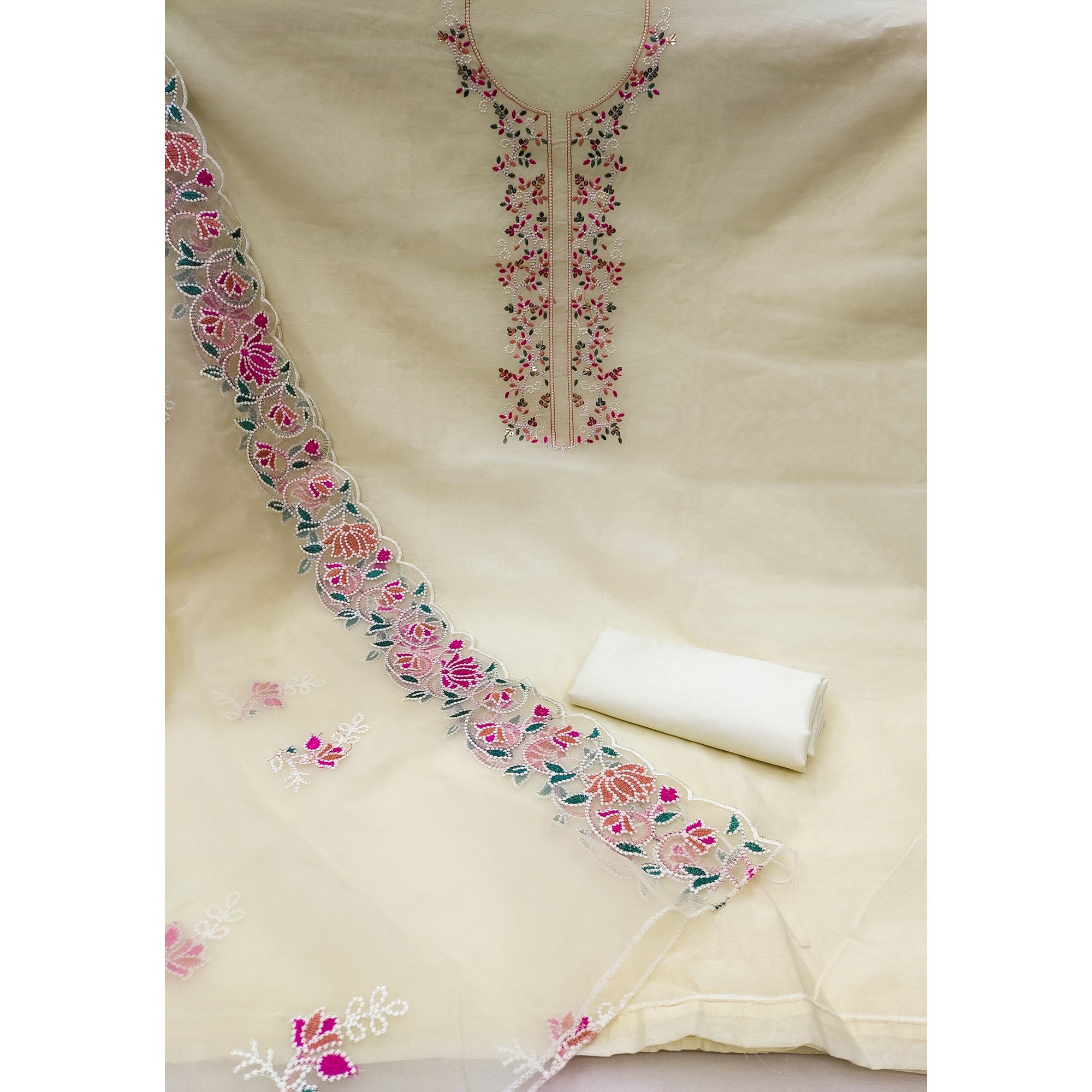 Peachmode Cream Floral Embroidered Chanderi Dress Material - view 4