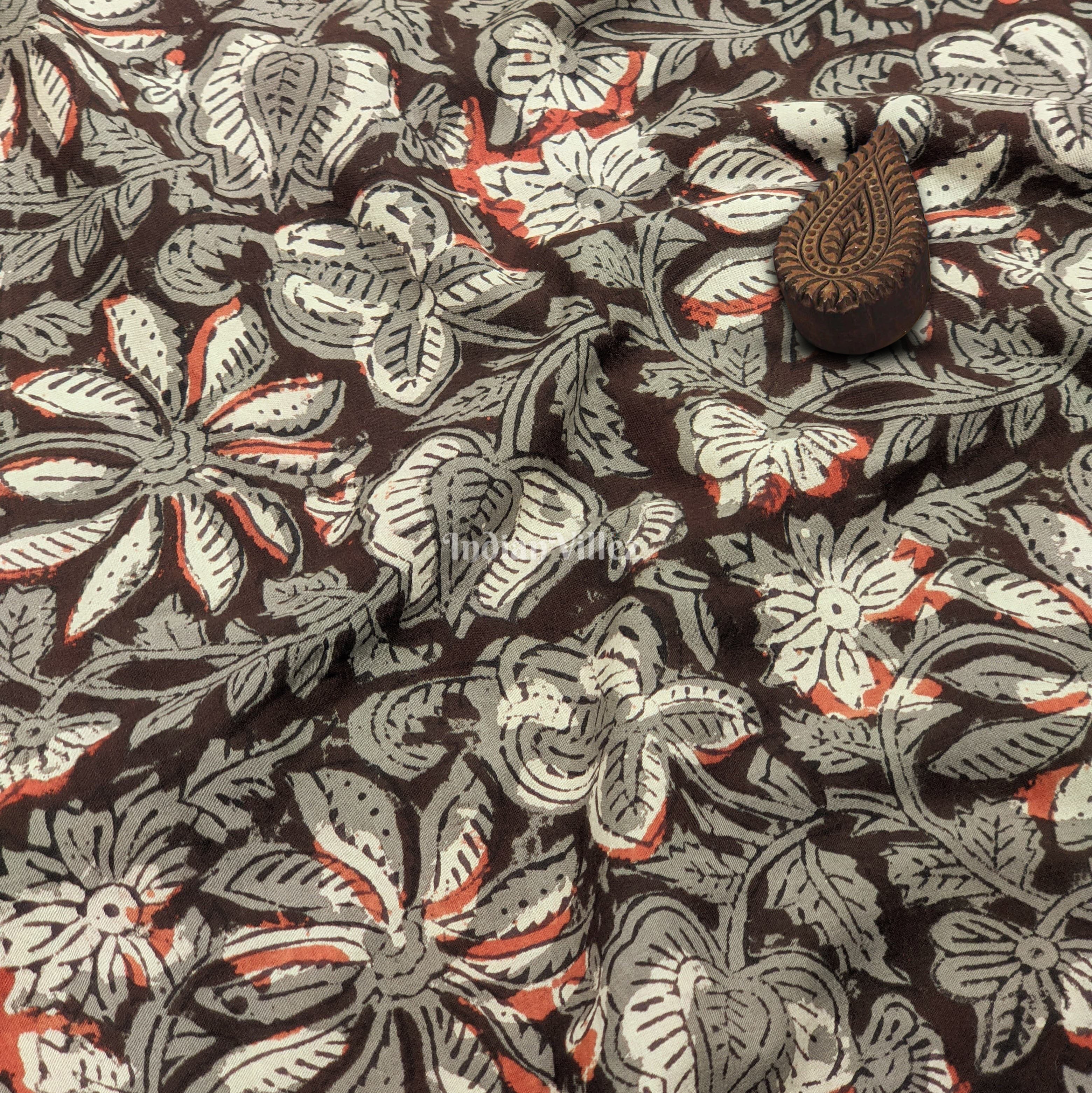 IndianVillèz Brown Floral Hand Block Printed Cotton Fabric
