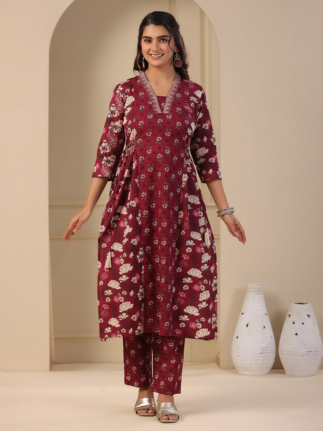 Fashor Floral Printed A-Line Paneled Kurta with Pant - Purple - view 2